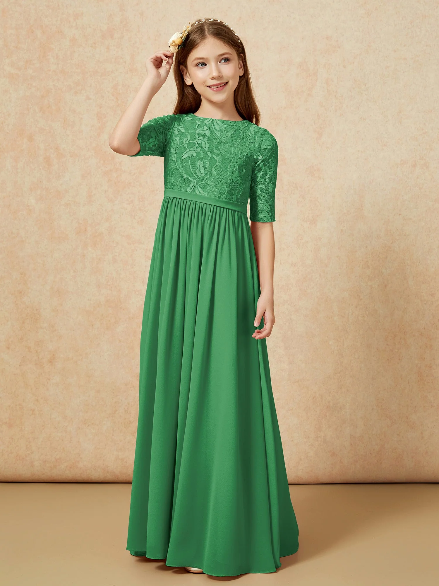 Halbarm Spitzen Oberteil Chiffon Junge Brautjungfernkleider Smaragd - Image 5