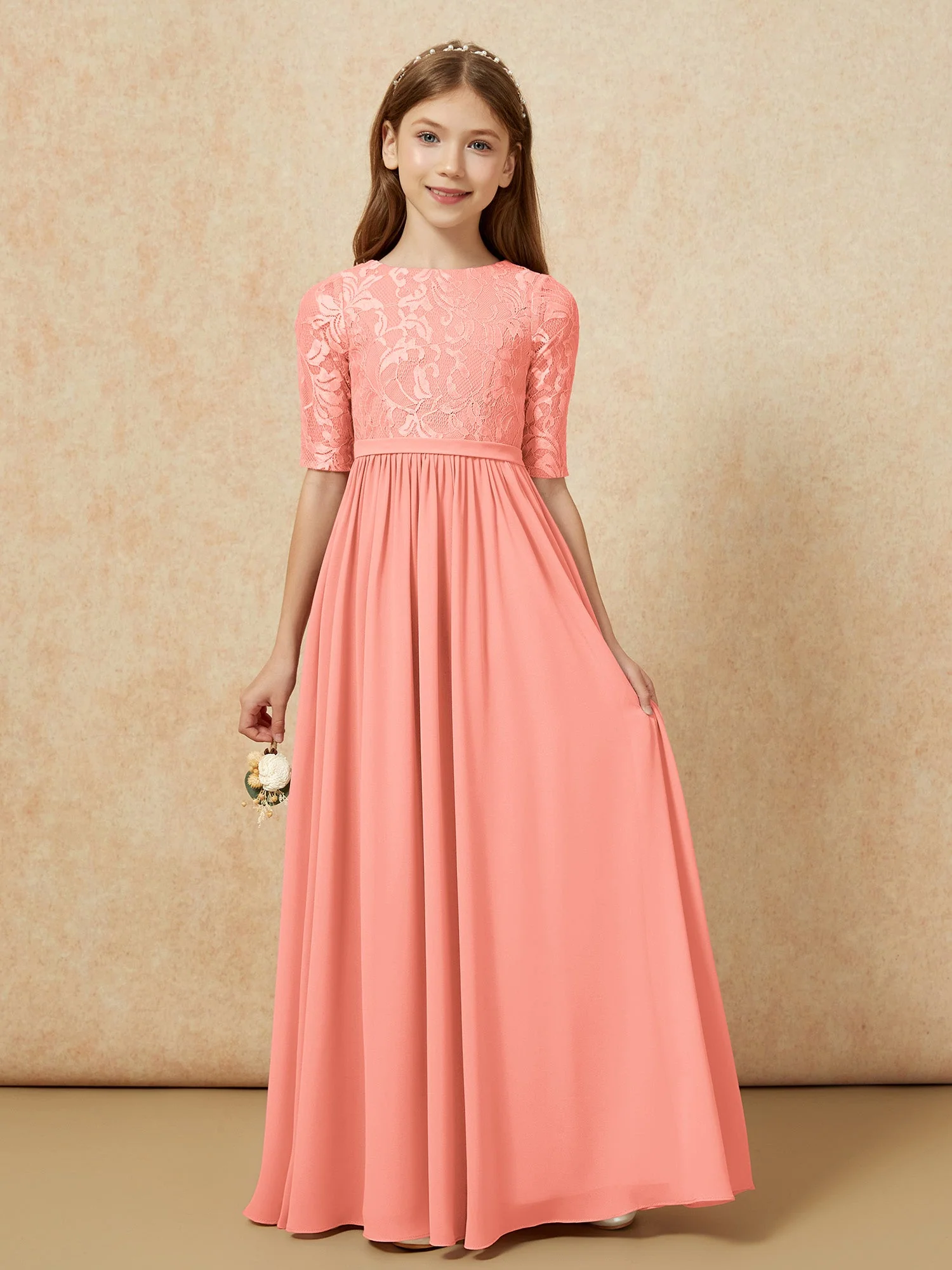 Halbarm Spitzen Oberteil Chiffon Junge Brautjungfernkleider Sonnenuntergang