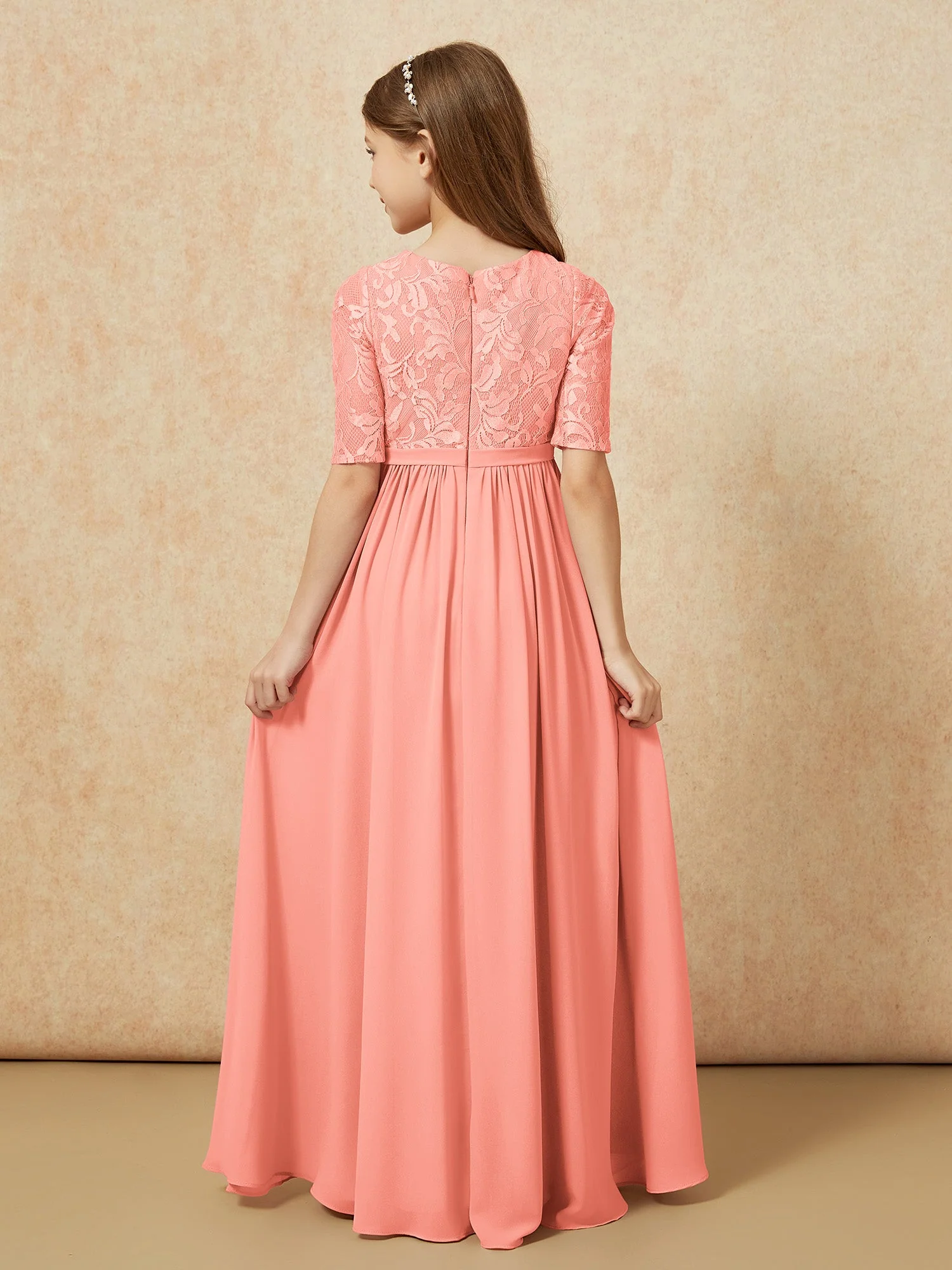 Halbarm Spitzen Oberteil Chiffon Junge Brautjungfernkleider Sonnenuntergang - Image 2