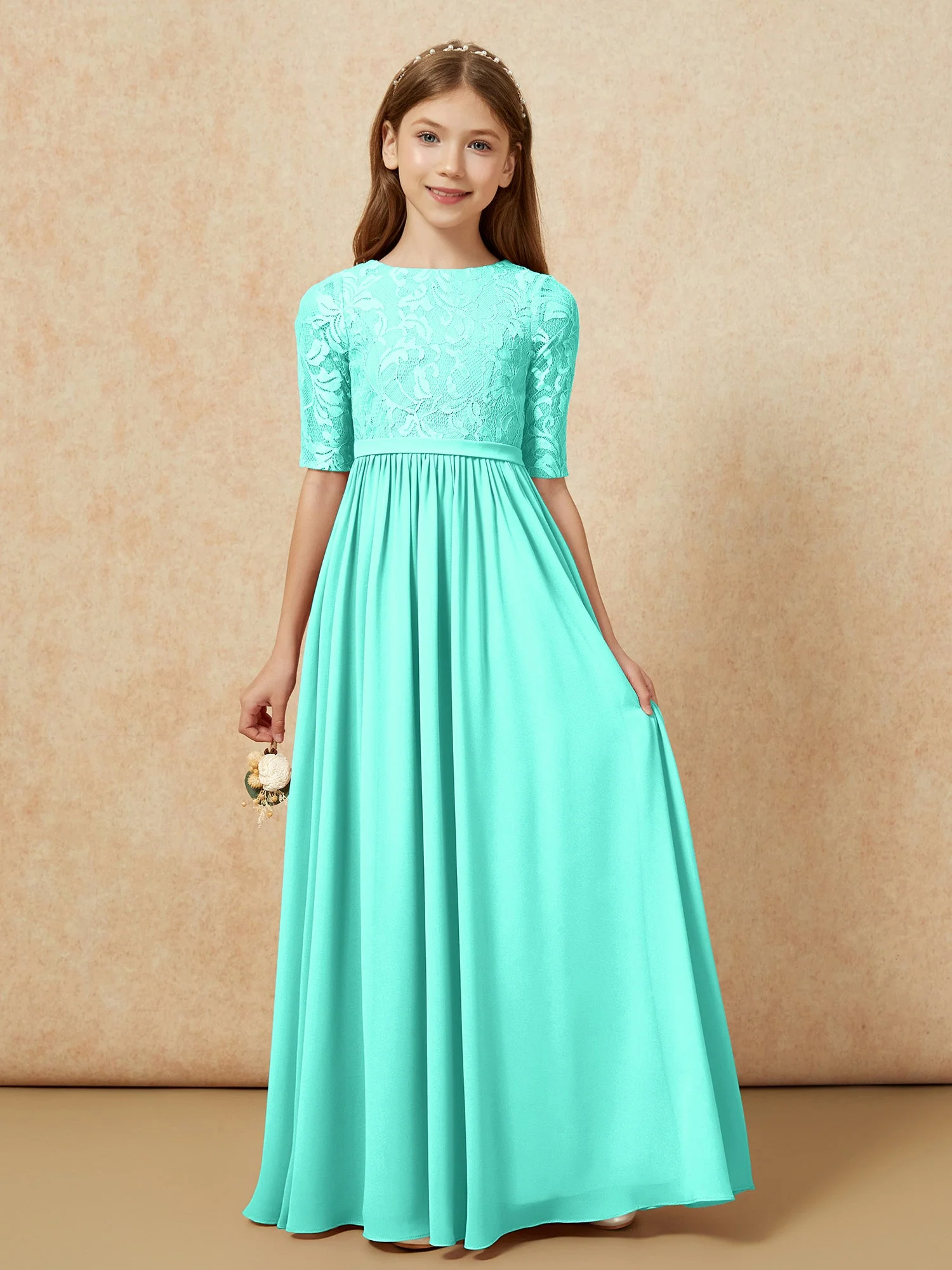 Halbarm Spitzen Oberteil Chiffon Junge Brautjungfernkleider Spa