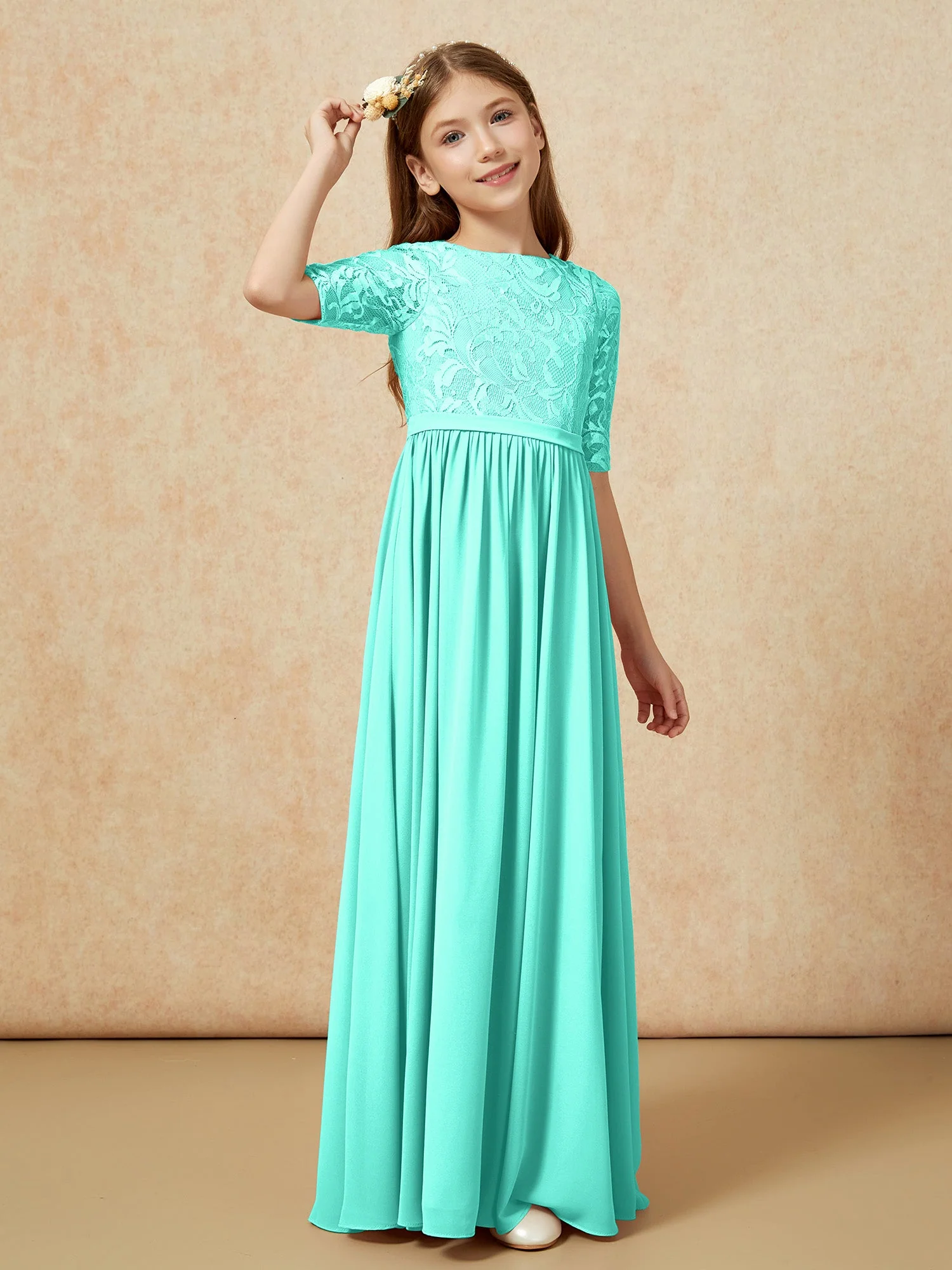 Halbarm Spitzen Oberteil Chiffon Junge Brautjungfernkleider Spa - Image 3