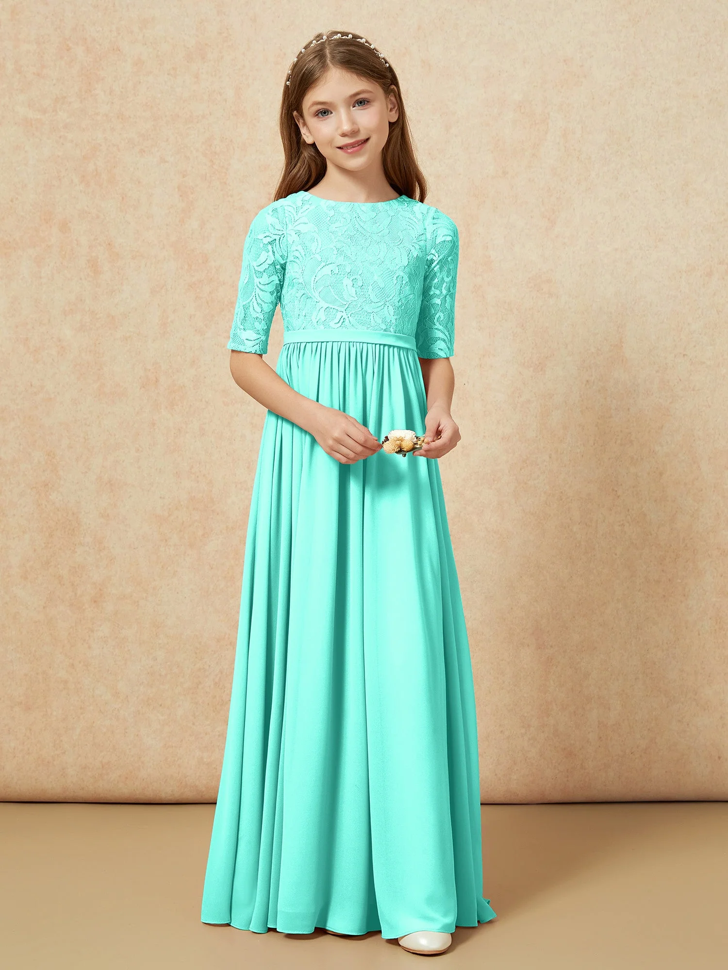 Halbarm Spitzen Oberteil Chiffon Junge Brautjungfernkleider Spa - Image 4