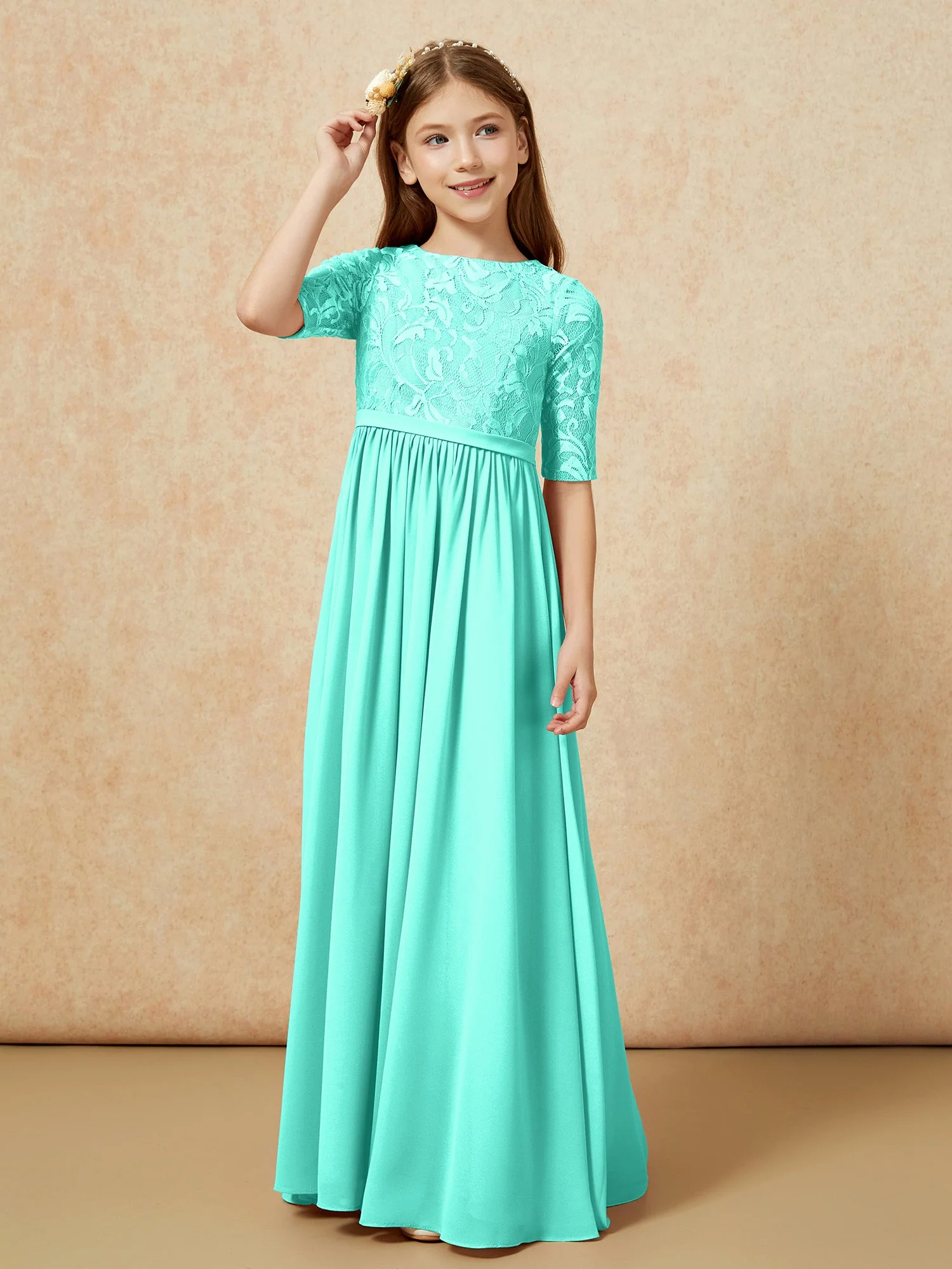 Halbarm Spitzen Oberteil Chiffon Junge Brautjungfernkleider Spa - Image 5