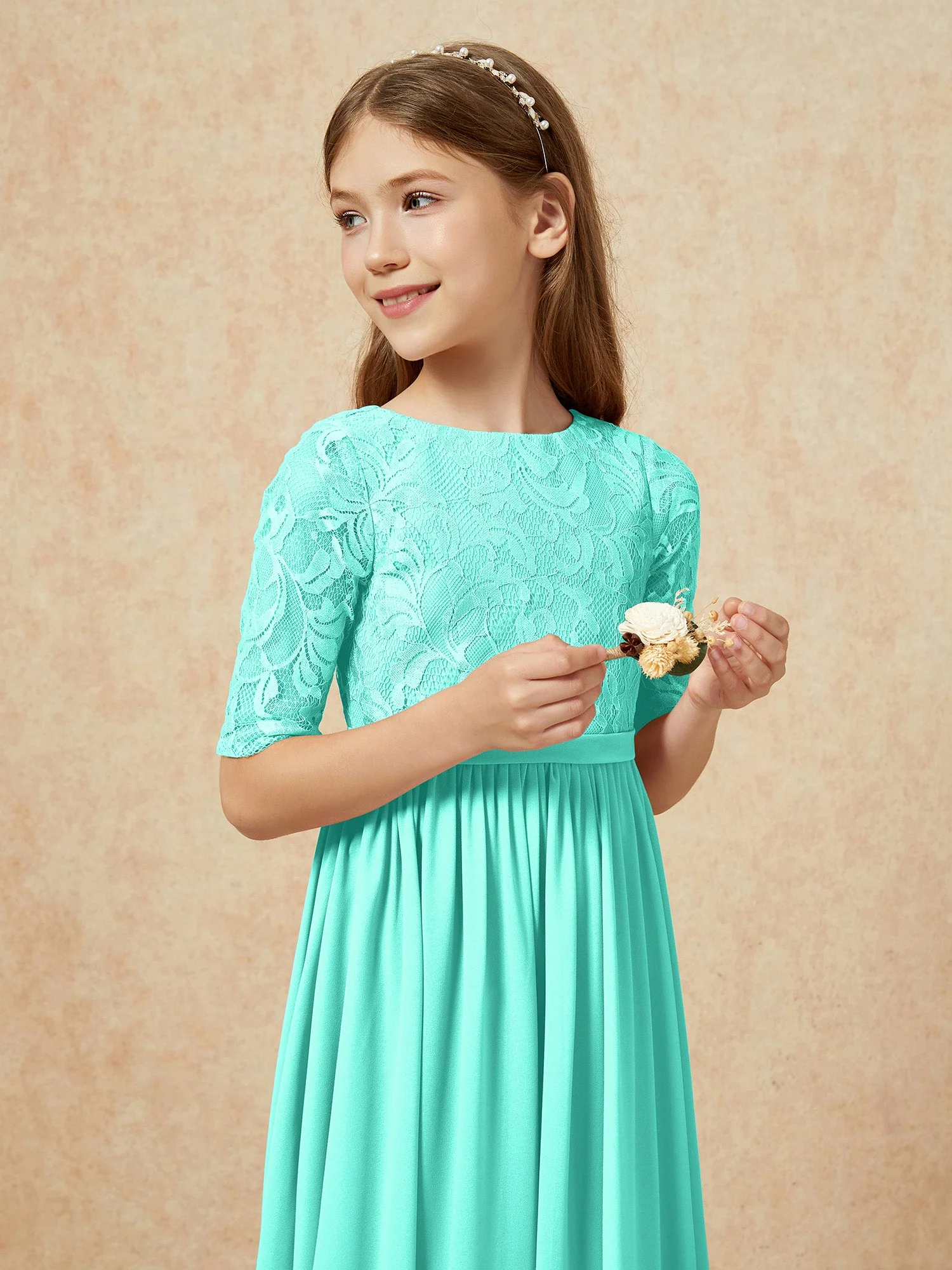 Halbarm Spitzen Oberteil Chiffon Junge Brautjungfernkleider Spa - Image 6