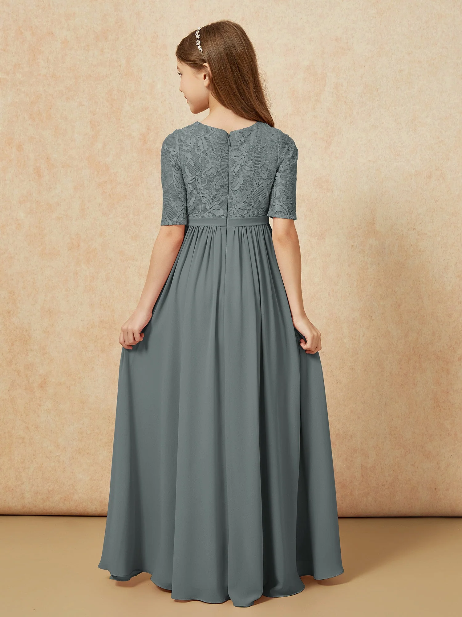 Halbarm Spitzen Oberteil Chiffon Junge Brautjungfernkleider Stahlgrau - Image 2