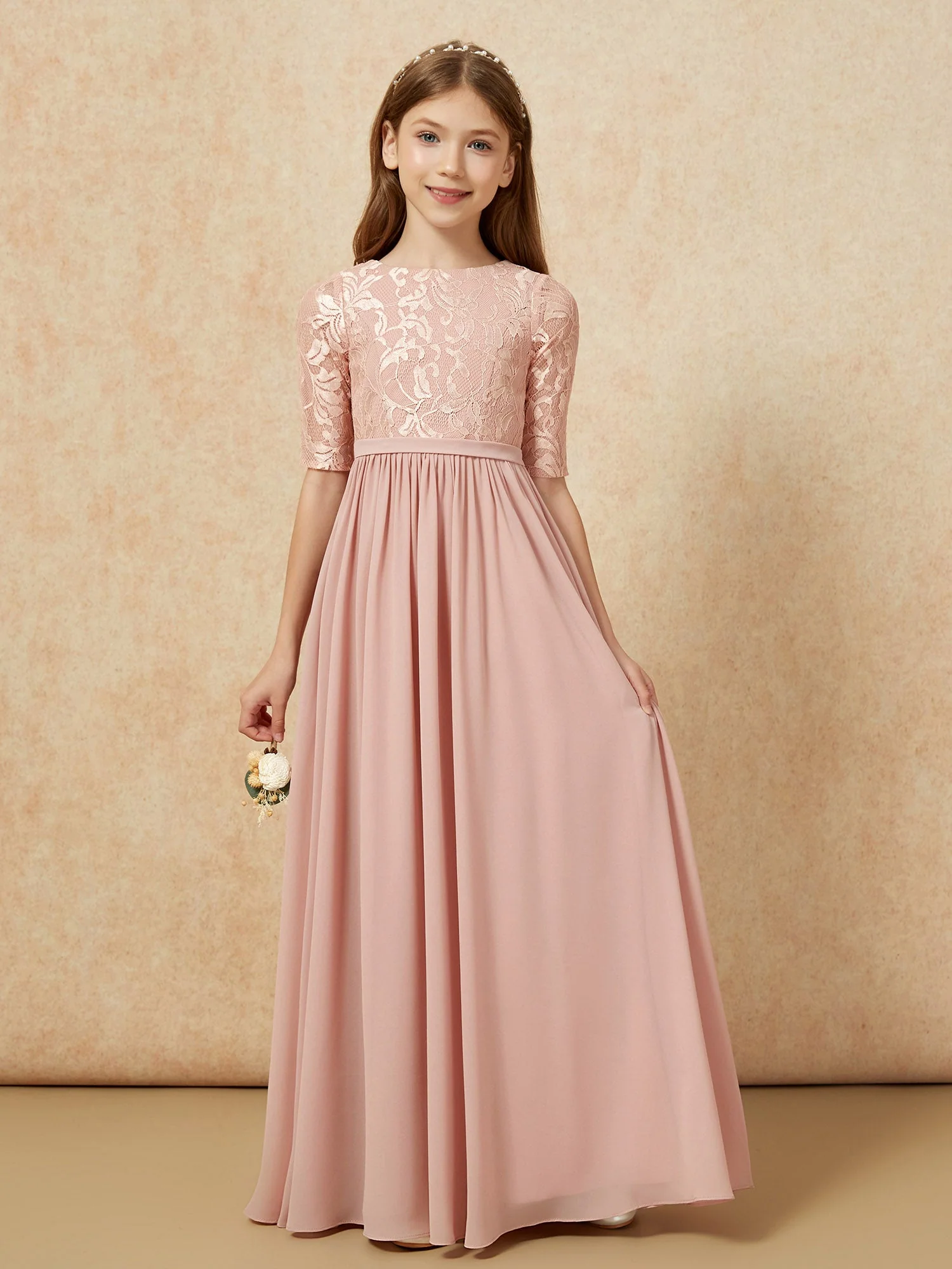 Halbarm Spitzen Oberteil Chiffon Junge Brautjungfernkleider Staubige Rosa