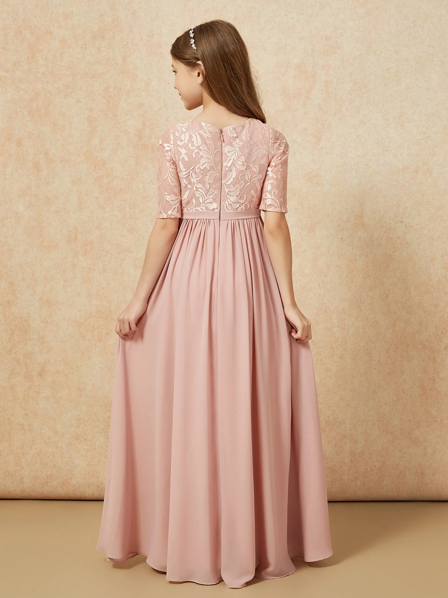 Halbarm Spitzen Oberteil Chiffon Junge Brautjungfernkleider Staubige Rosa - Image 2