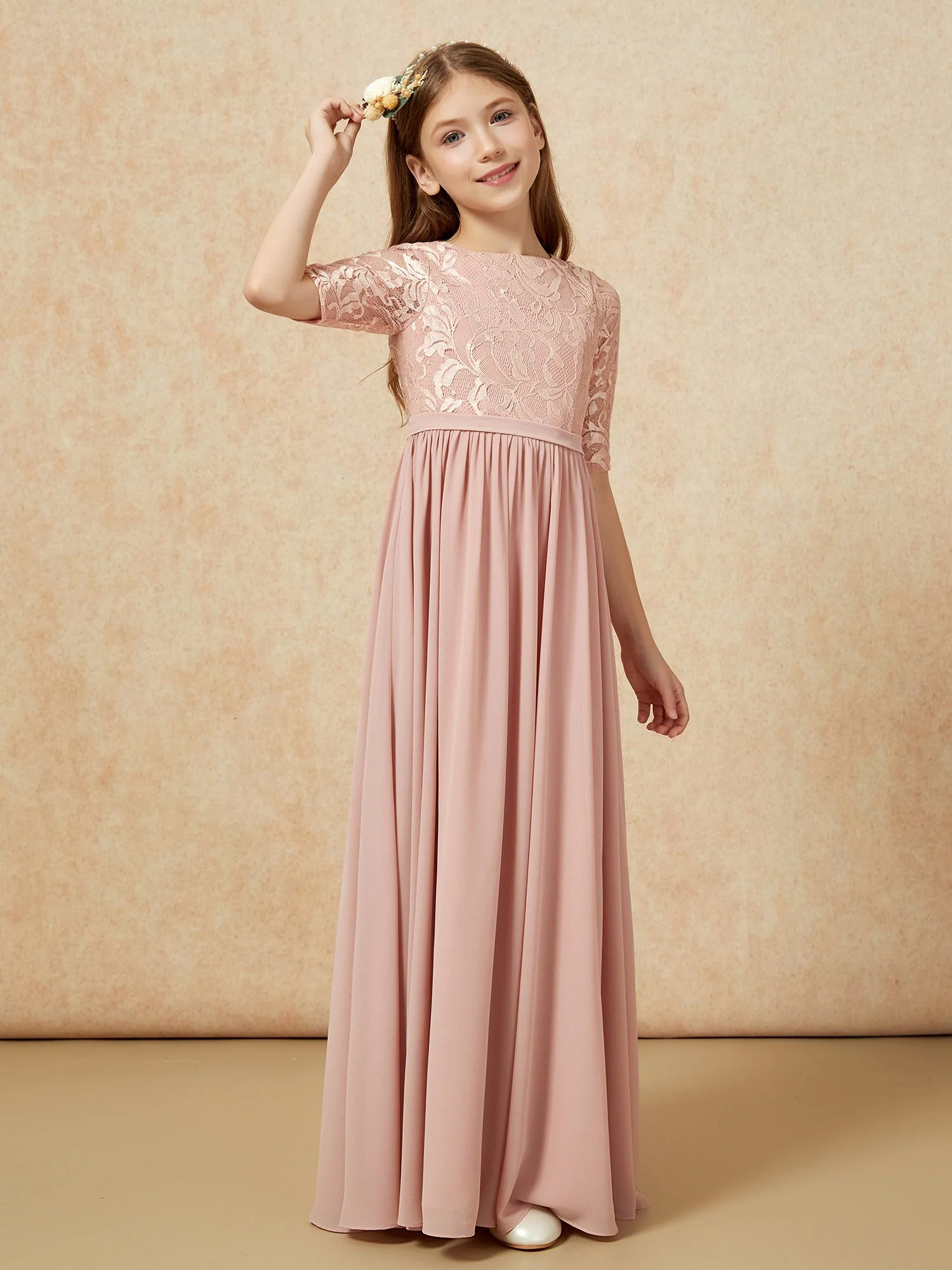 Halbarm Spitzen Oberteil Chiffon Junge Brautjungfernkleider Staubige Rosa - Image 3