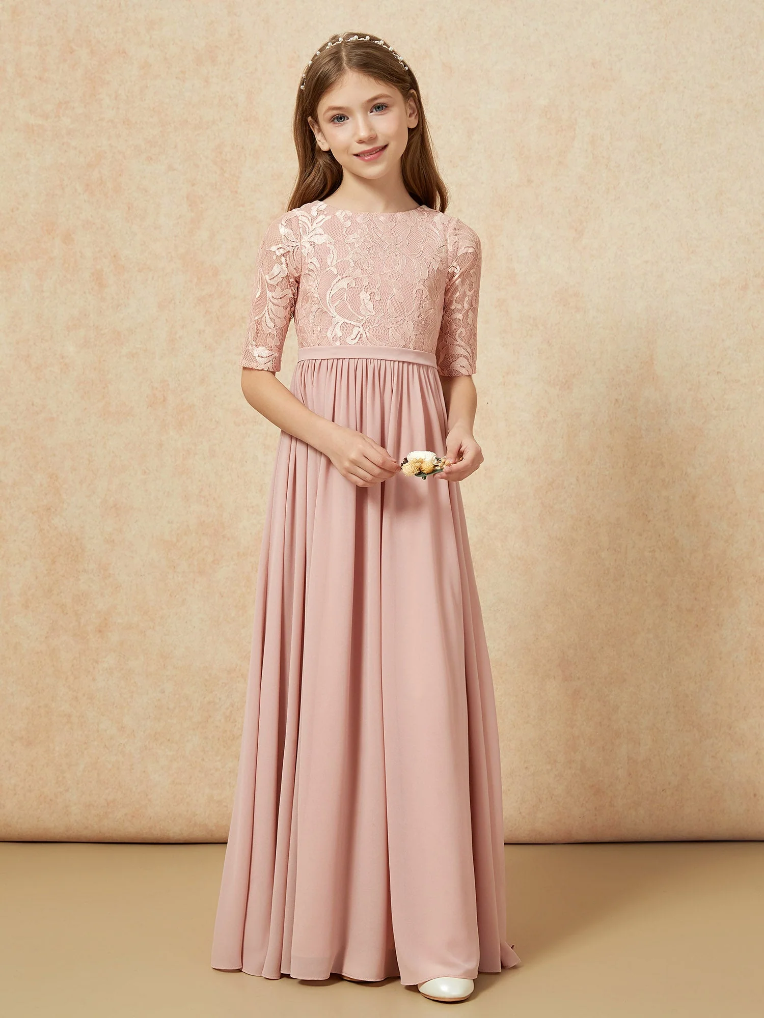 Halbarm Spitzen Oberteil Chiffon Junge Brautjungfernkleider Staubige Rosa - Image 4