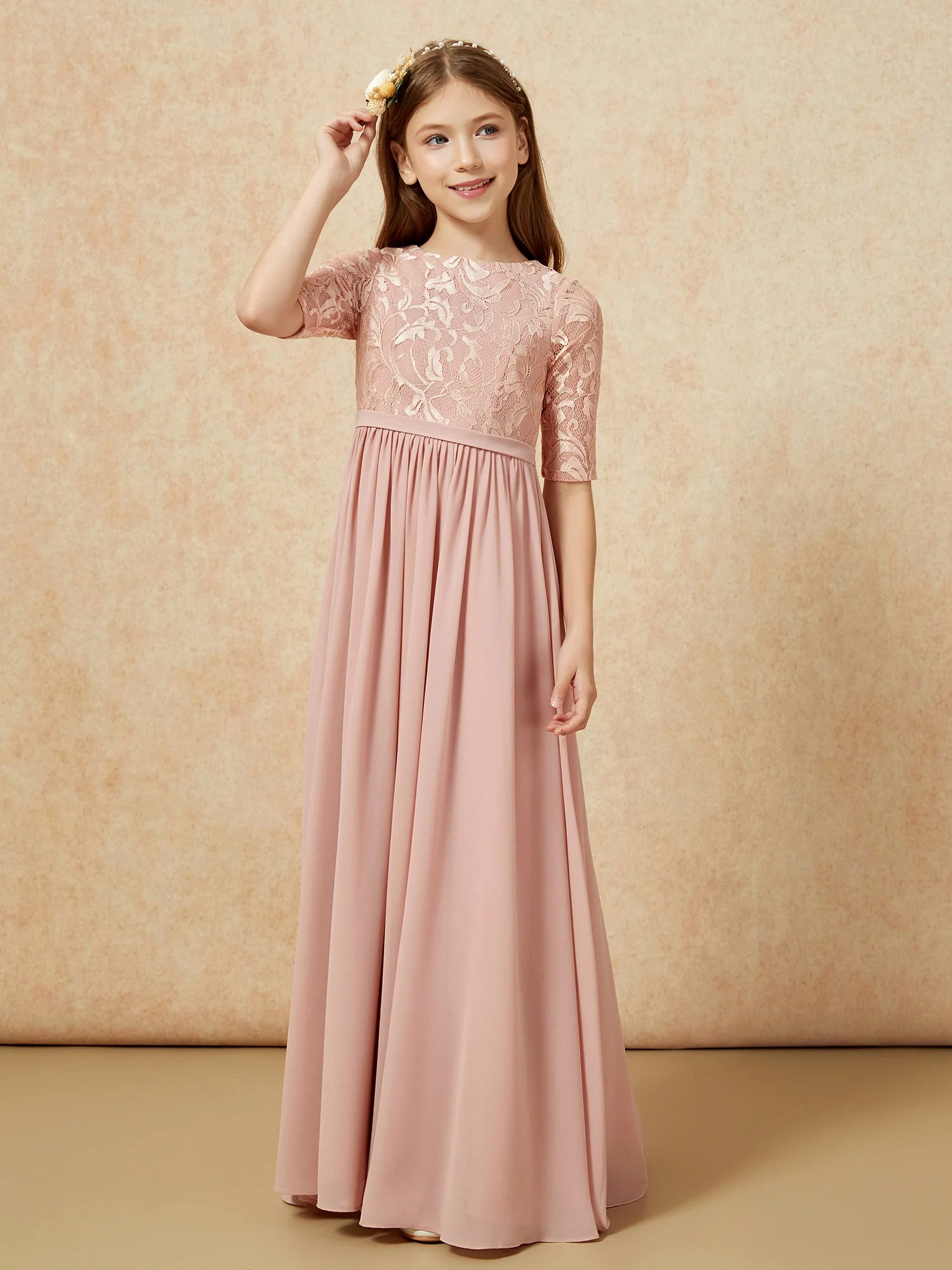Halbarm Spitzen Oberteil Chiffon Junge Brautjungfernkleider Staubige Rosa - Image 5