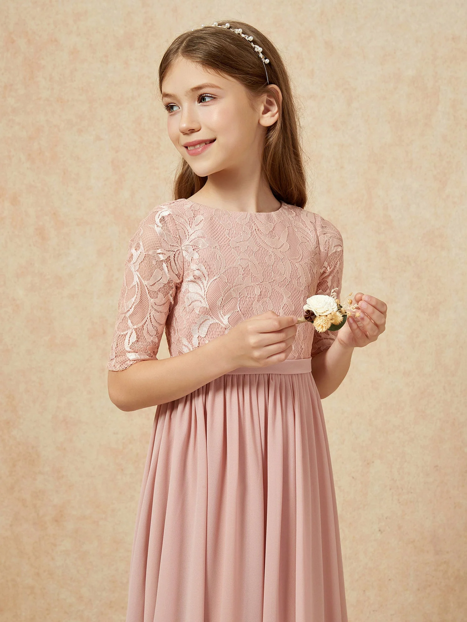 Halbarm Spitzen Oberteil Chiffon Junge Brautjungfernkleider Staubige Rosa - Image 6