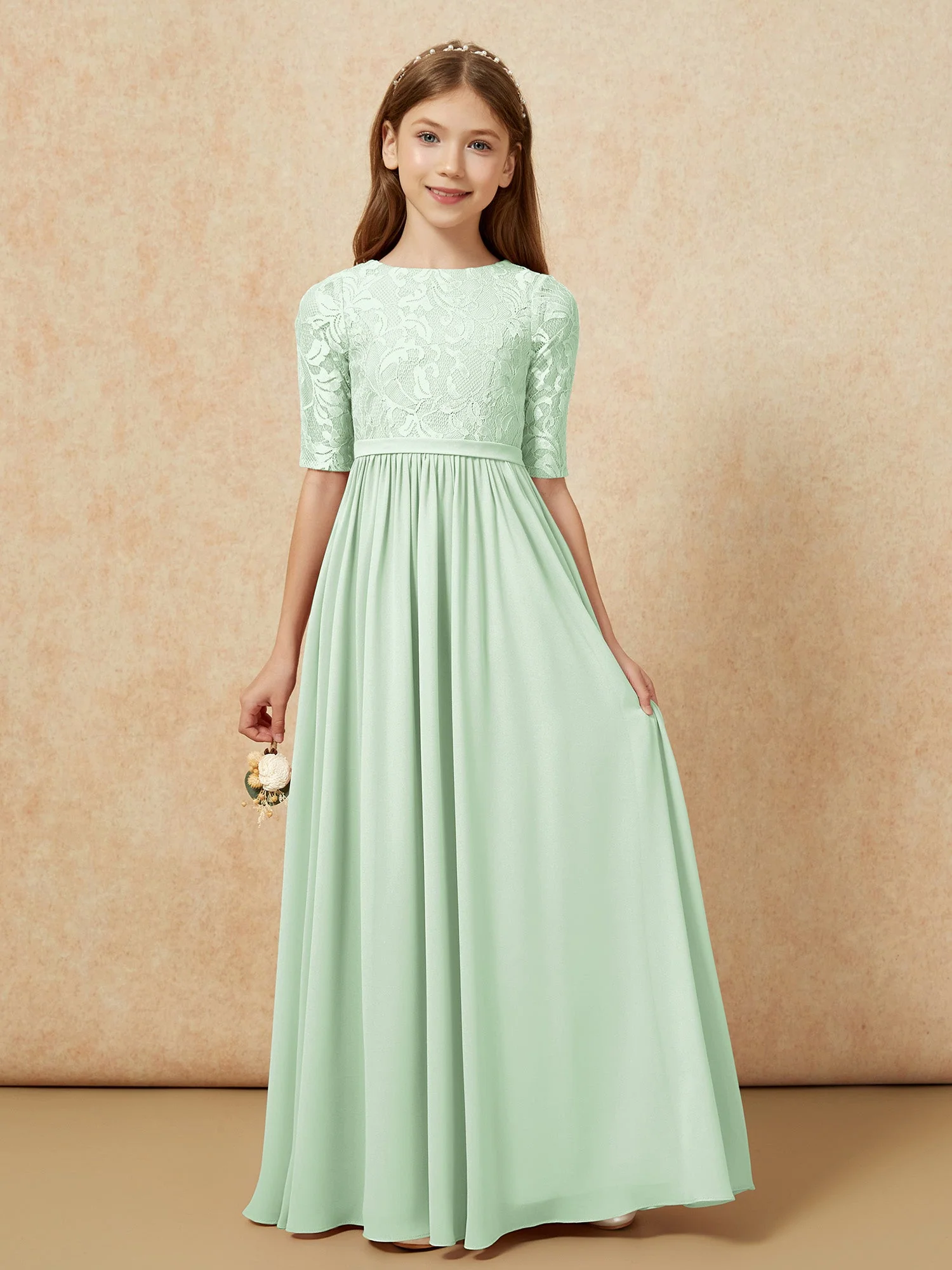 Halbarm Spitzen Oberteil Chiffon Junge Brautjungfernkleider Staubiges Salbei