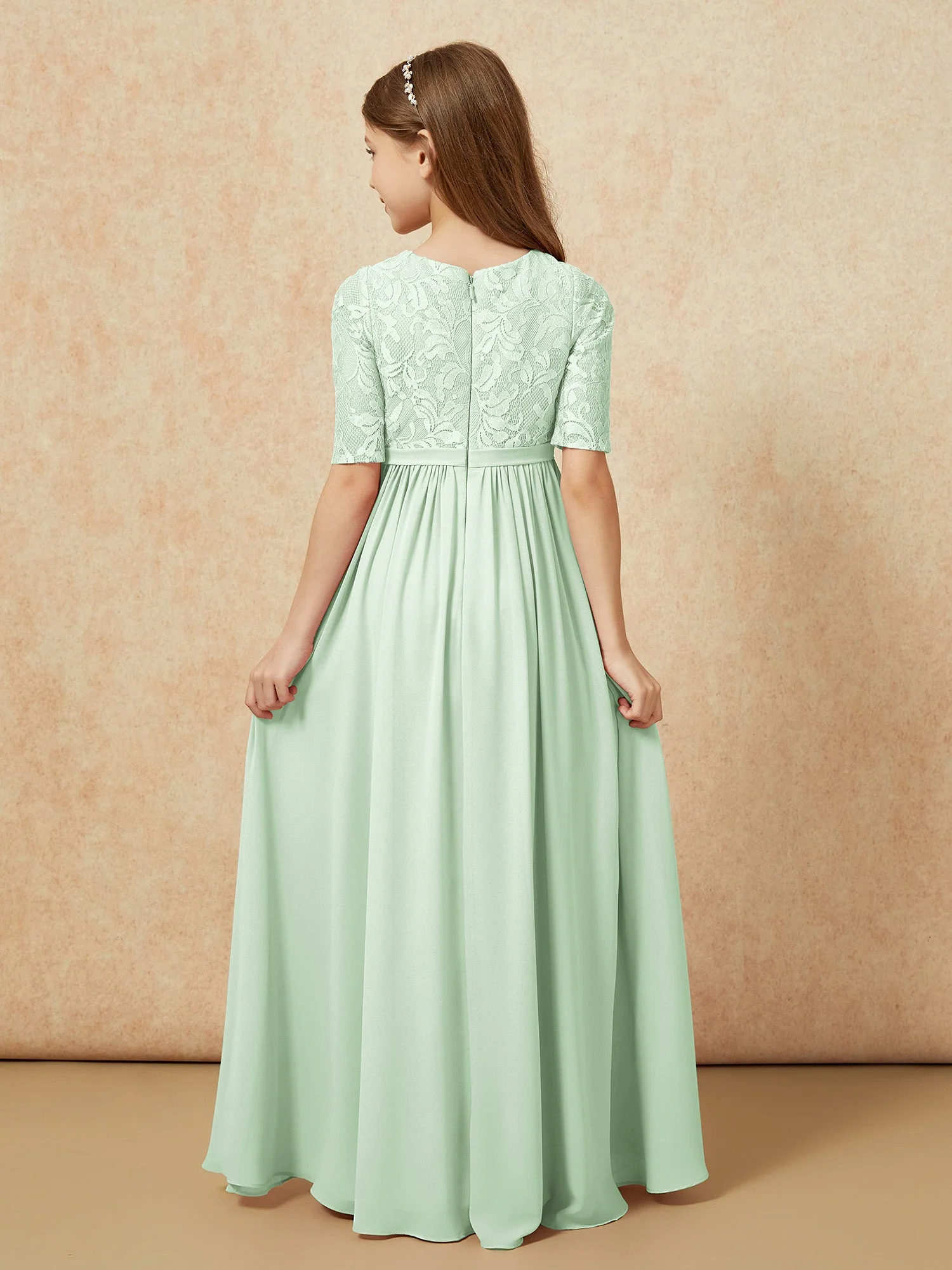 Halbarm Spitzen Oberteil Chiffon Junge Brautjungfernkleider Staubiges Salbei - Image 2