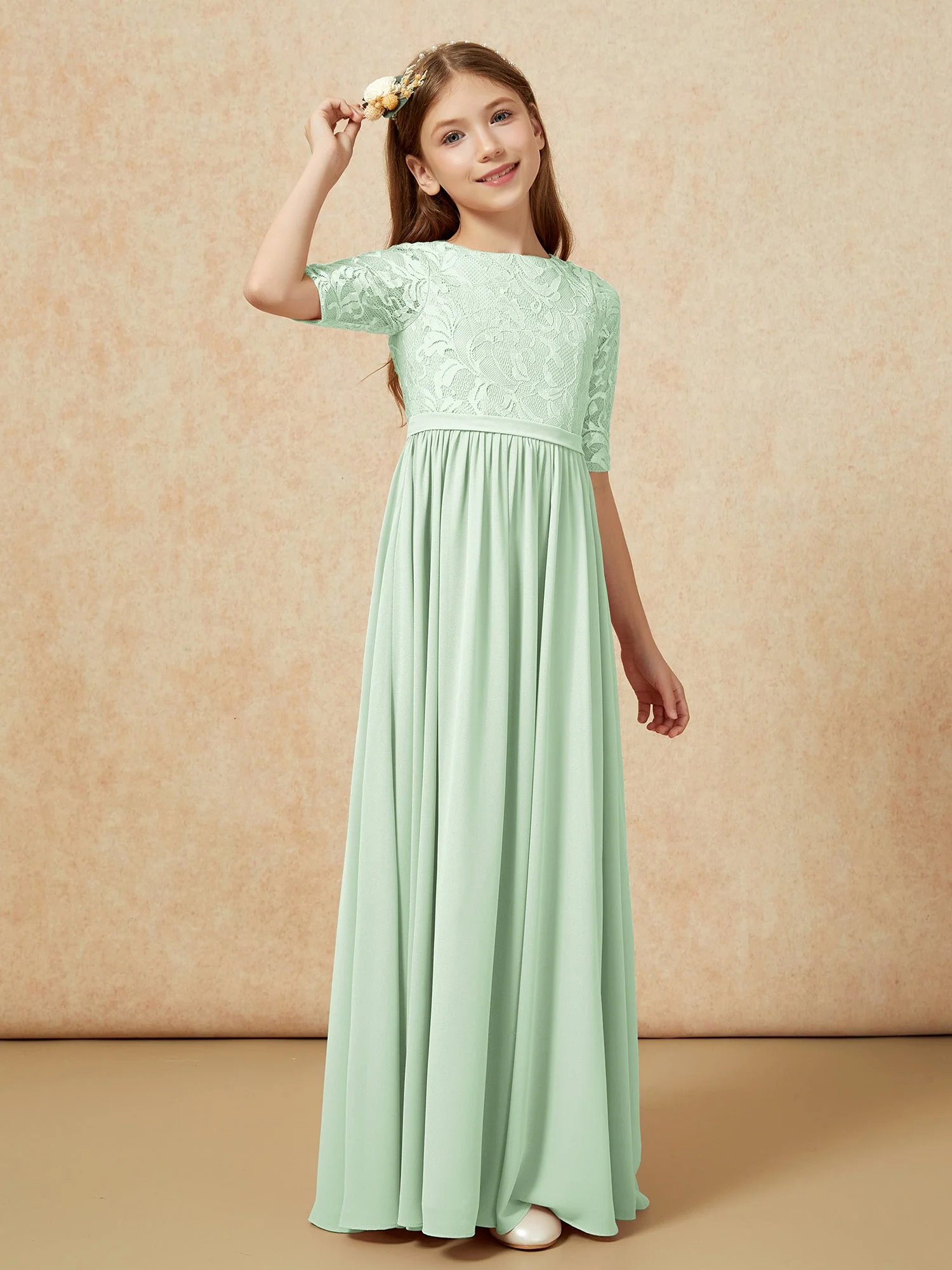 Halbarm Spitzen Oberteil Chiffon Junge Brautjungfernkleider Staubiges Salbei - Image 3