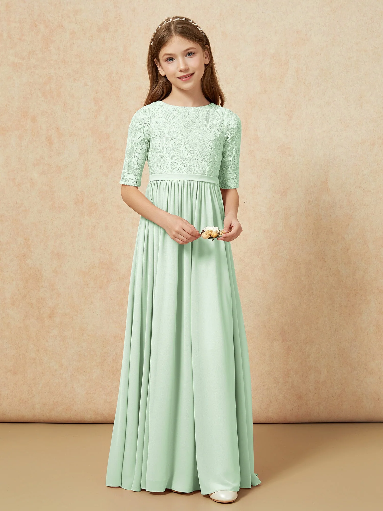 Halbarm Spitzen Oberteil Chiffon Junge Brautjungfernkleider Staubiges Salbei - Image 4