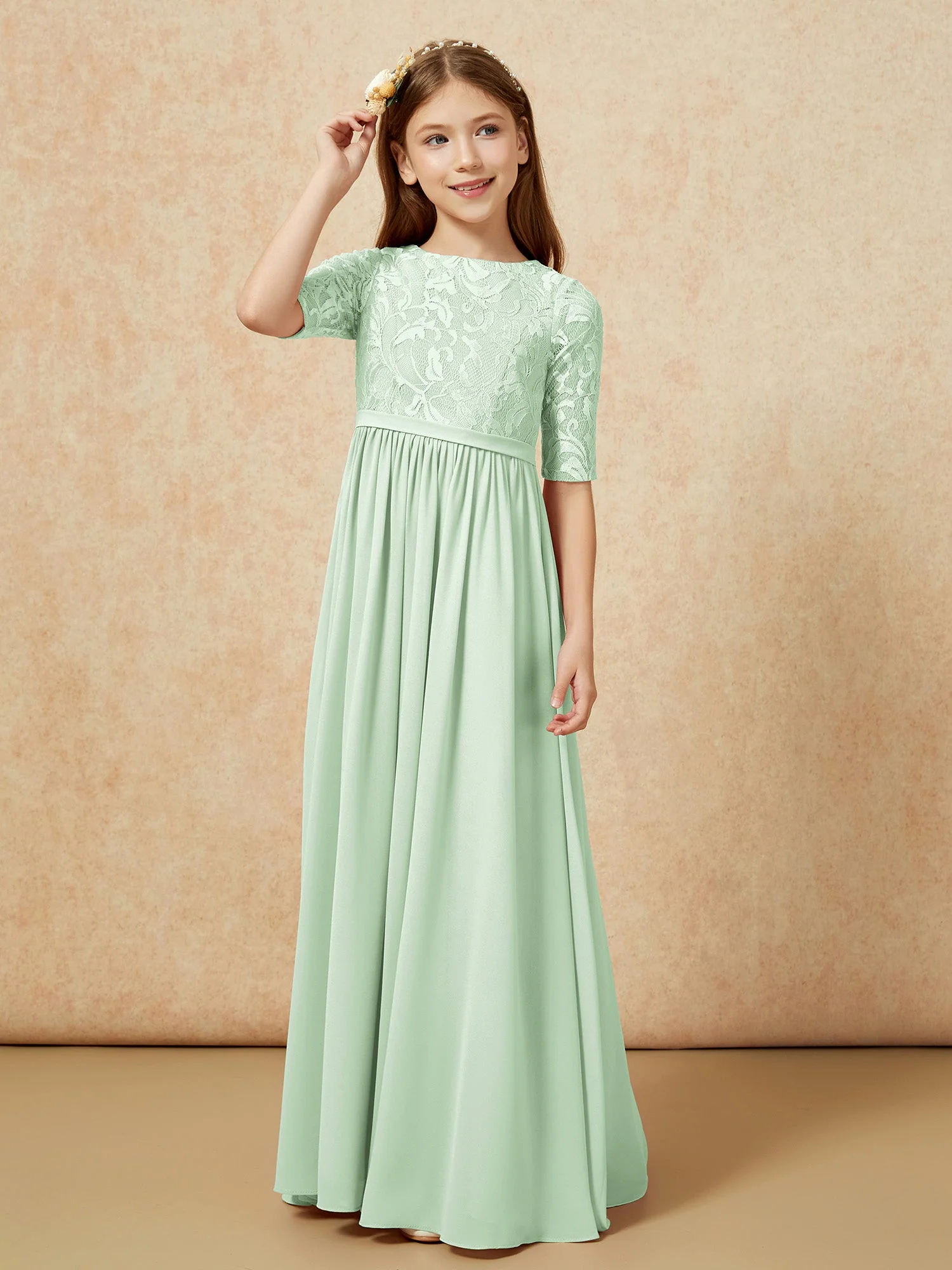 Halbarm Spitzen Oberteil Chiffon Junge Brautjungfernkleider Staubiges Salbei - Image 5