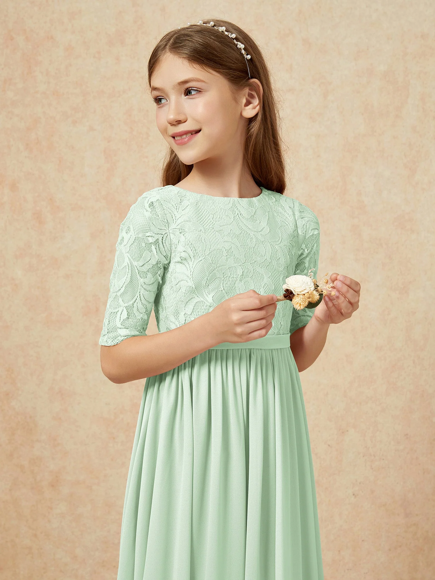 Halbarm Spitzen Oberteil Chiffon Junge Brautjungfernkleider Staubiges Salbei - Image 6
