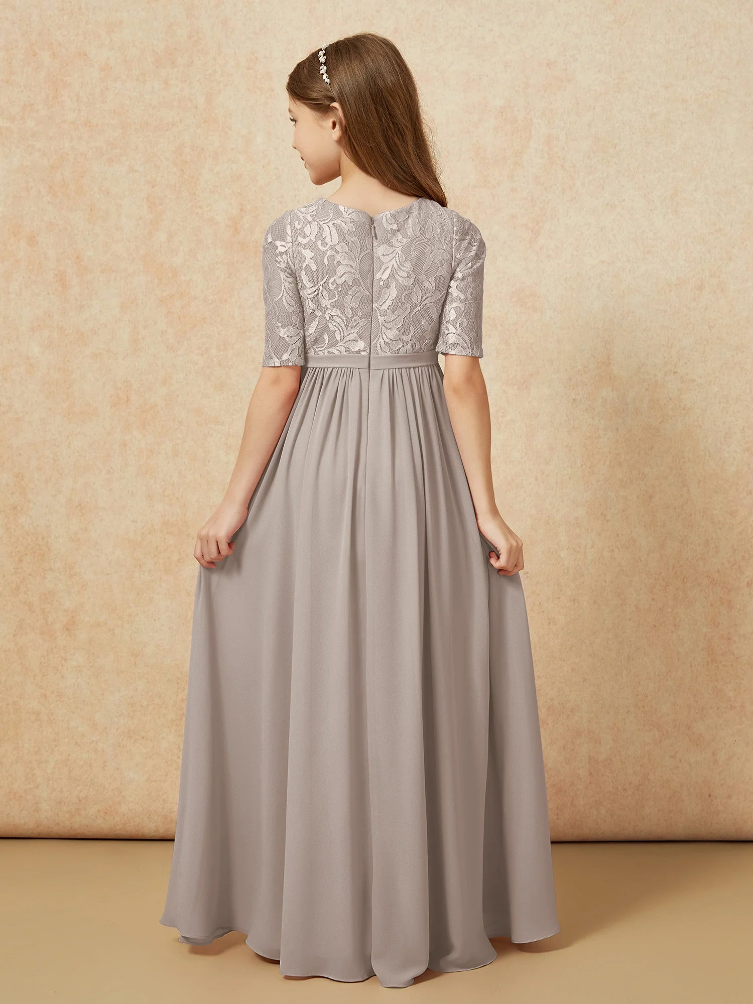 Halbarm Spitzen Oberteil Chiffon Junge Brautjungfernkleider Taupe - Image 2