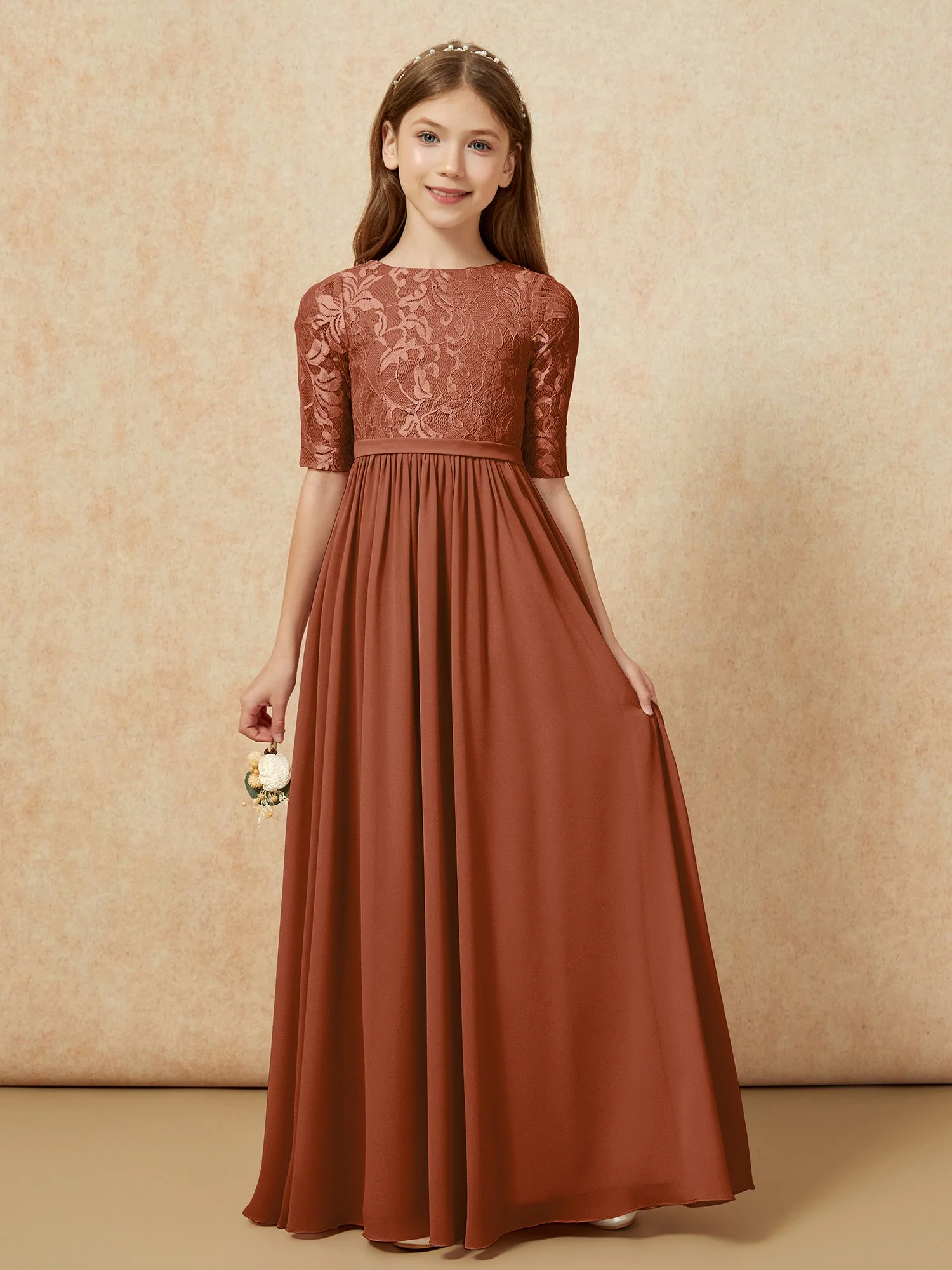 Halbarm Spitzen Oberteil Chiffon Junge Brautjungfernkleider Terrakotta