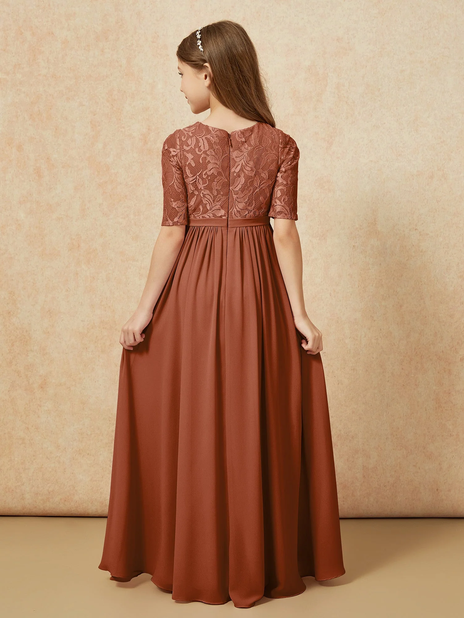 Halbarm Spitzen Oberteil Chiffon Junge Brautjungfernkleider Terrakotta - Image 2