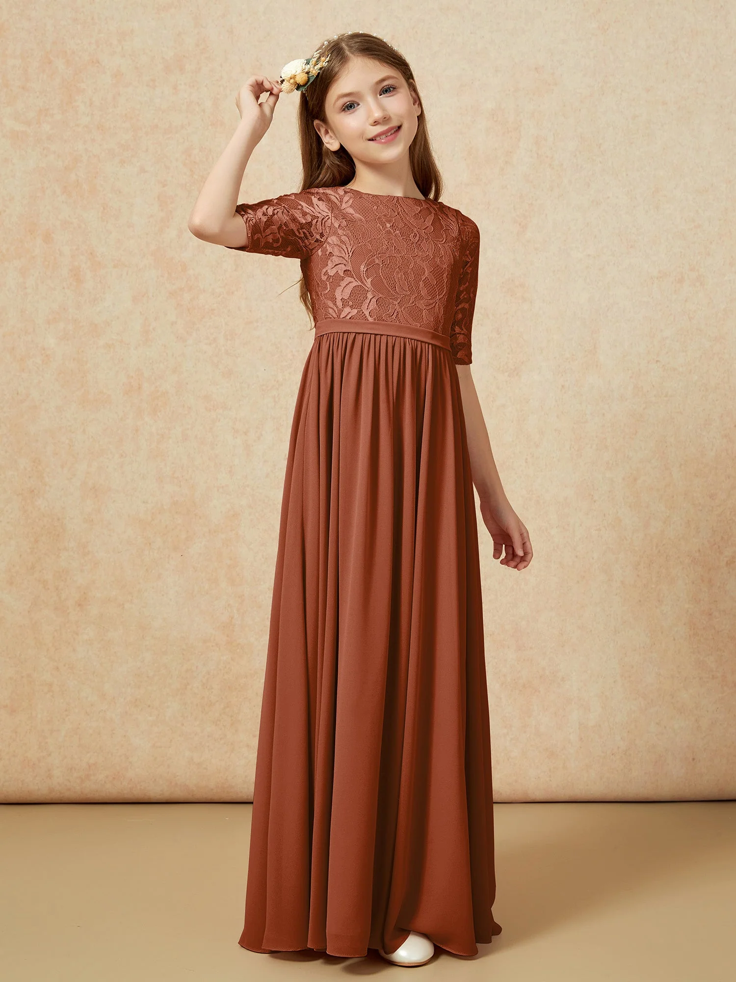 Halbarm Spitzen Oberteil Chiffon Junge Brautjungfernkleider Terrakotta - Image 3