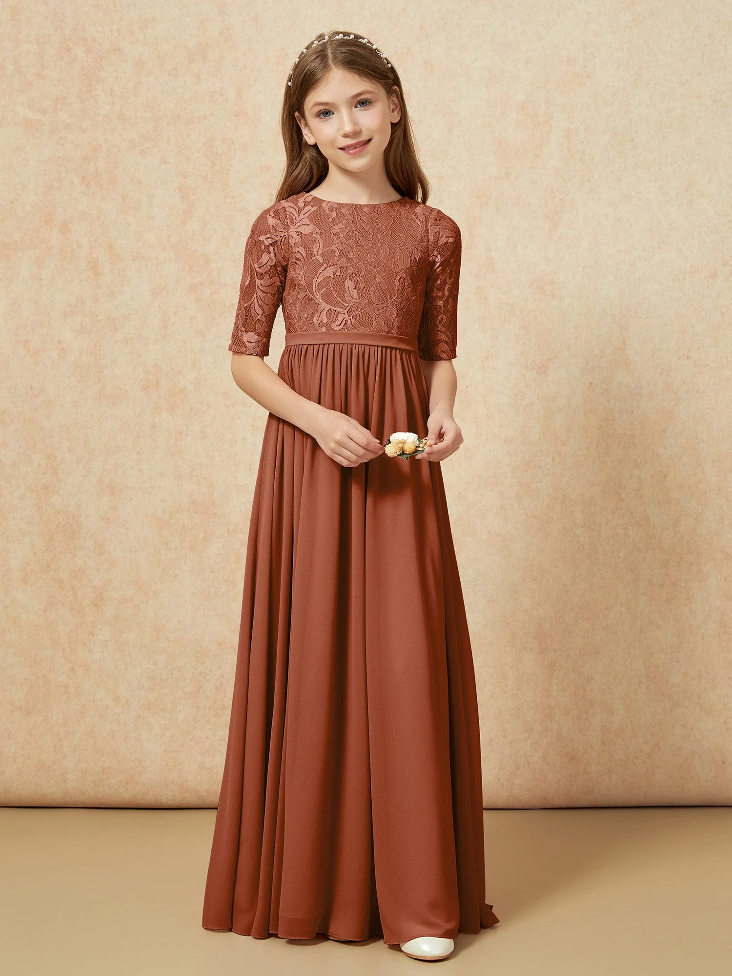 Halbarm Spitzen Oberteil Chiffon Junge Brautjungfernkleider Terrakotta - Image 4