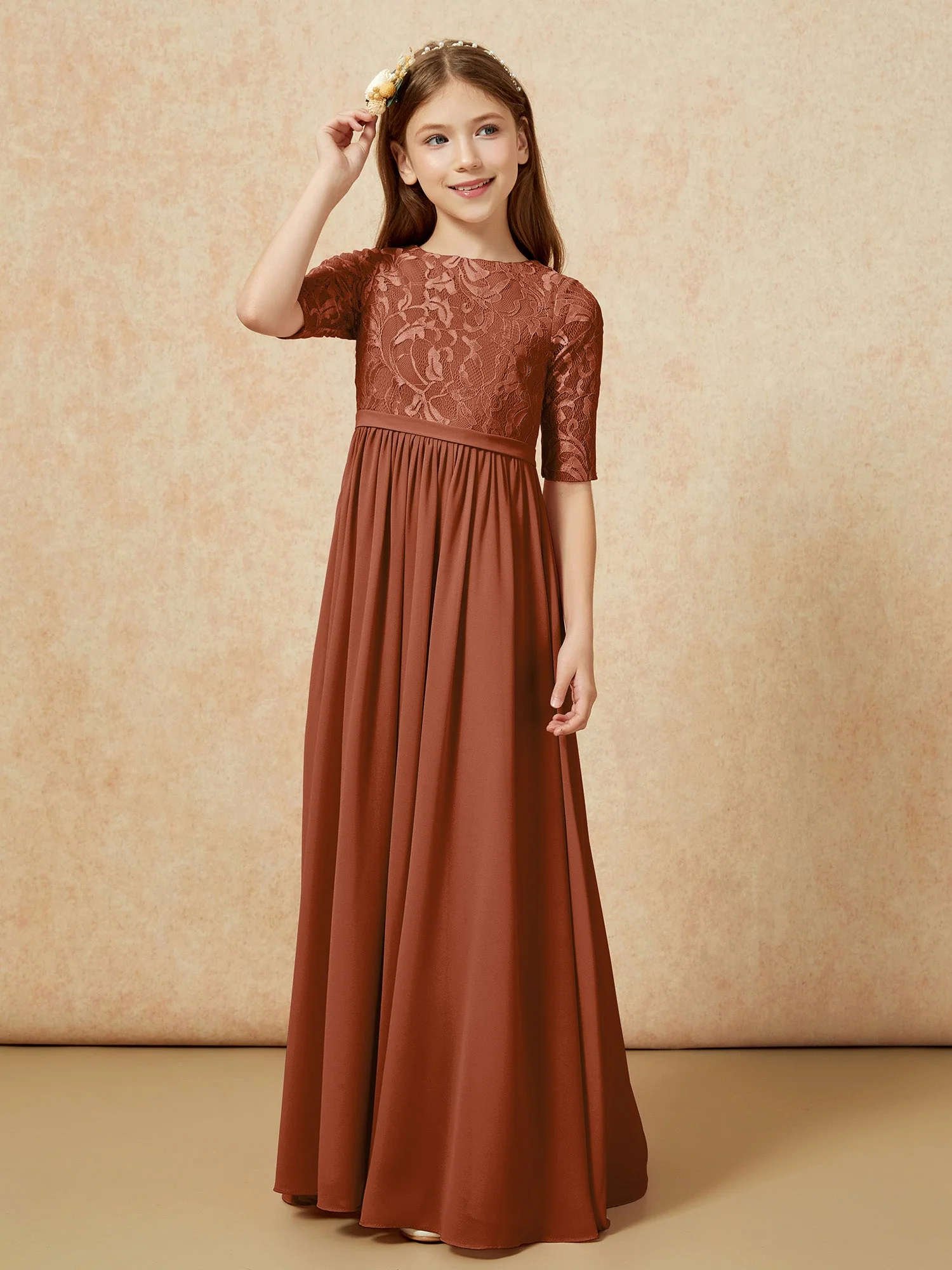 Halbarm Spitzen Oberteil Chiffon Junge Brautjungfernkleider Terrakotta - Image 5