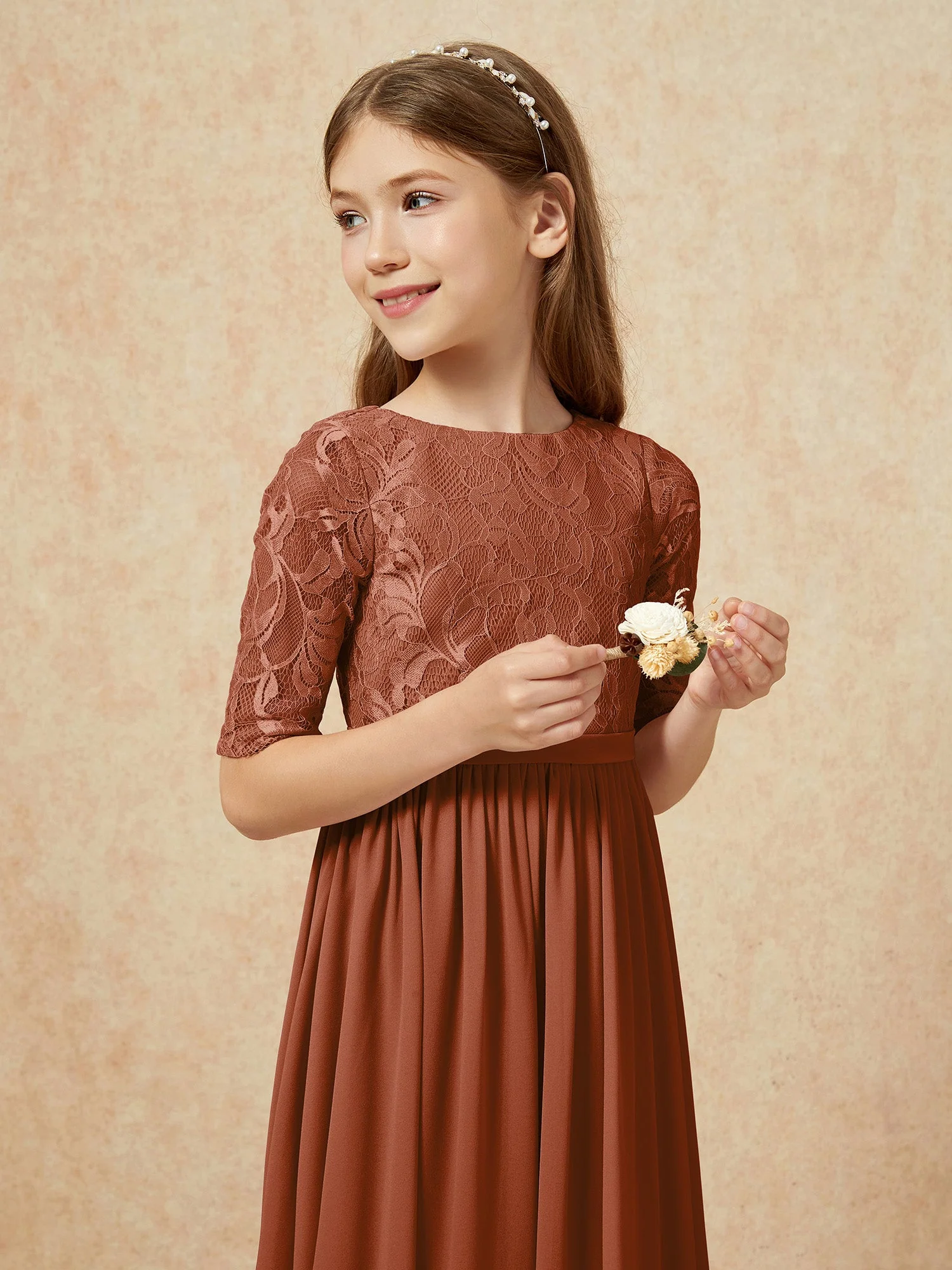 Halbarm Spitzen Oberteil Chiffon Junge Brautjungfernkleider Terrakotta - Image 6