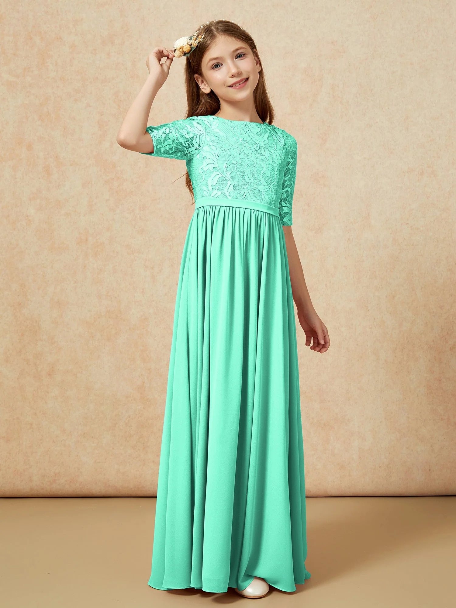 Halbarm Spitzen Oberteil Chiffon Junge Brautjungfernkleider Türkis - Image 3