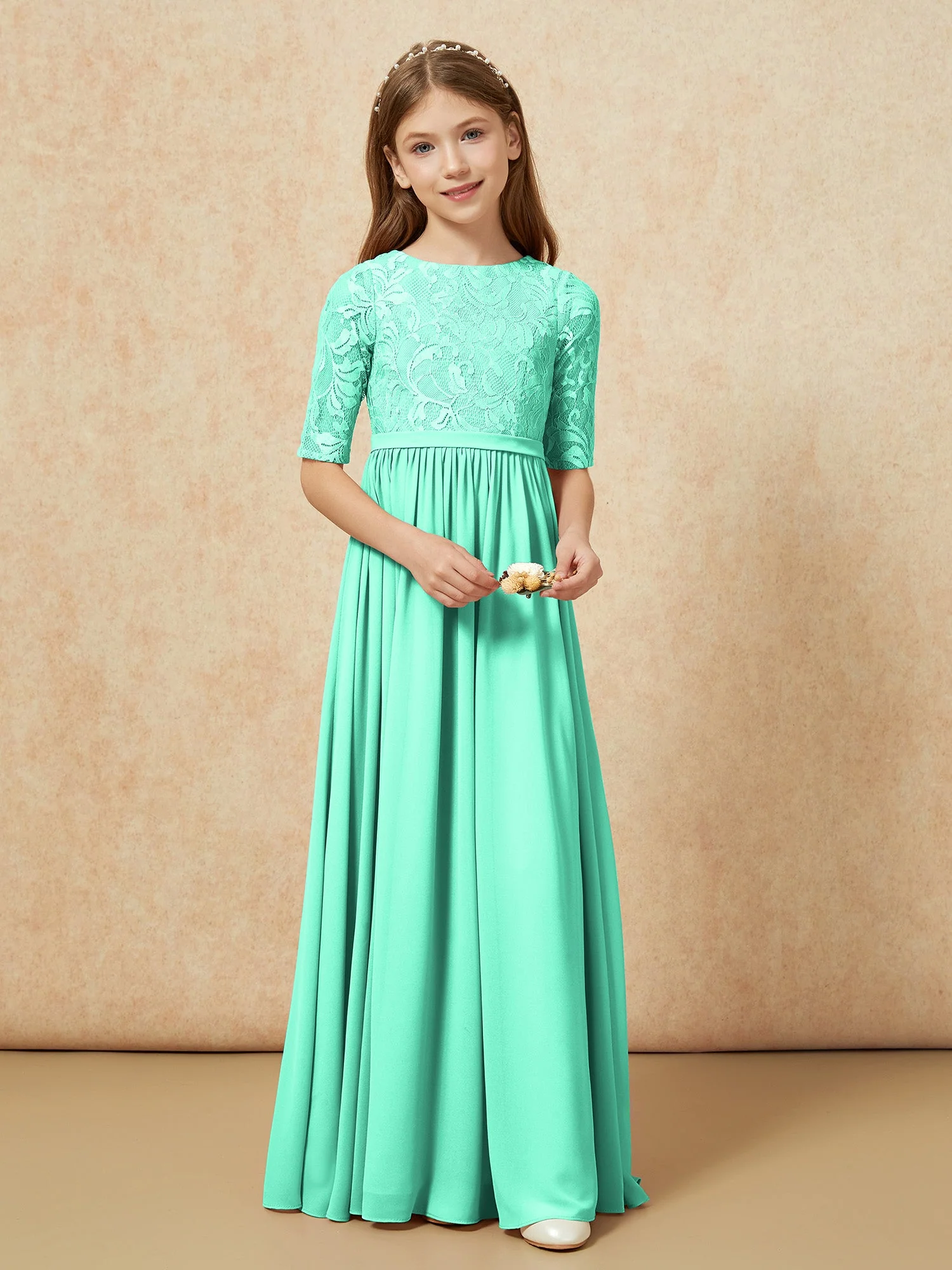 Halbarm Spitzen Oberteil Chiffon Junge Brautjungfernkleider Türkis - Image 4