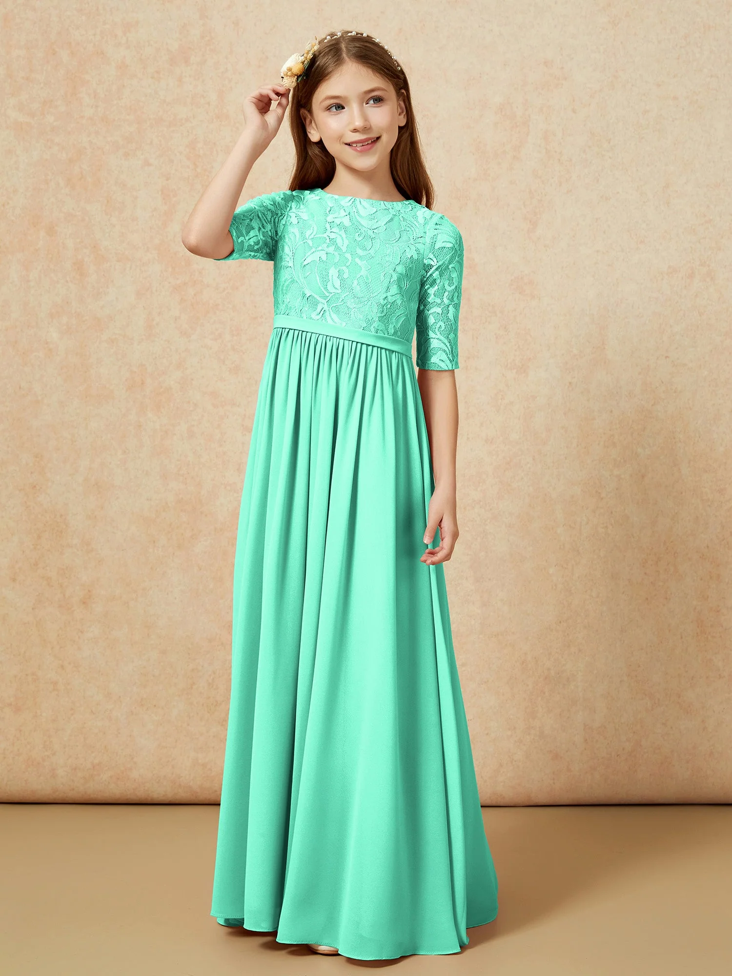 Halbarm Spitzen Oberteil Chiffon Junge Brautjungfernkleider Türkis - Image 5