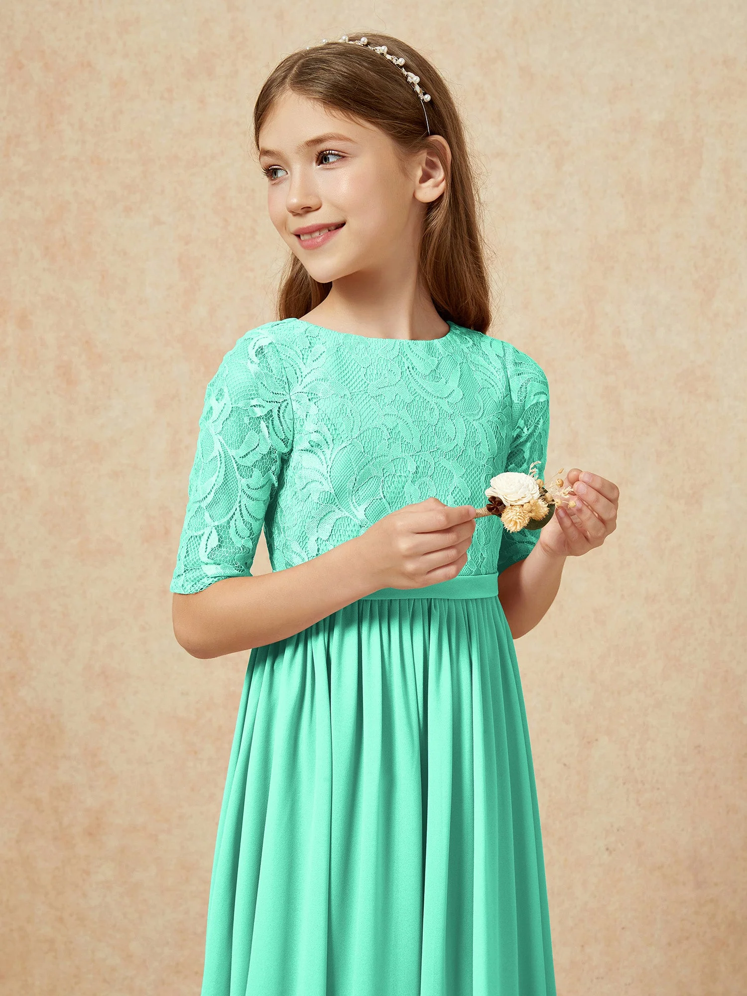 Halbarm Spitzen Oberteil Chiffon Junge Brautjungfernkleider Türkis - Image 6