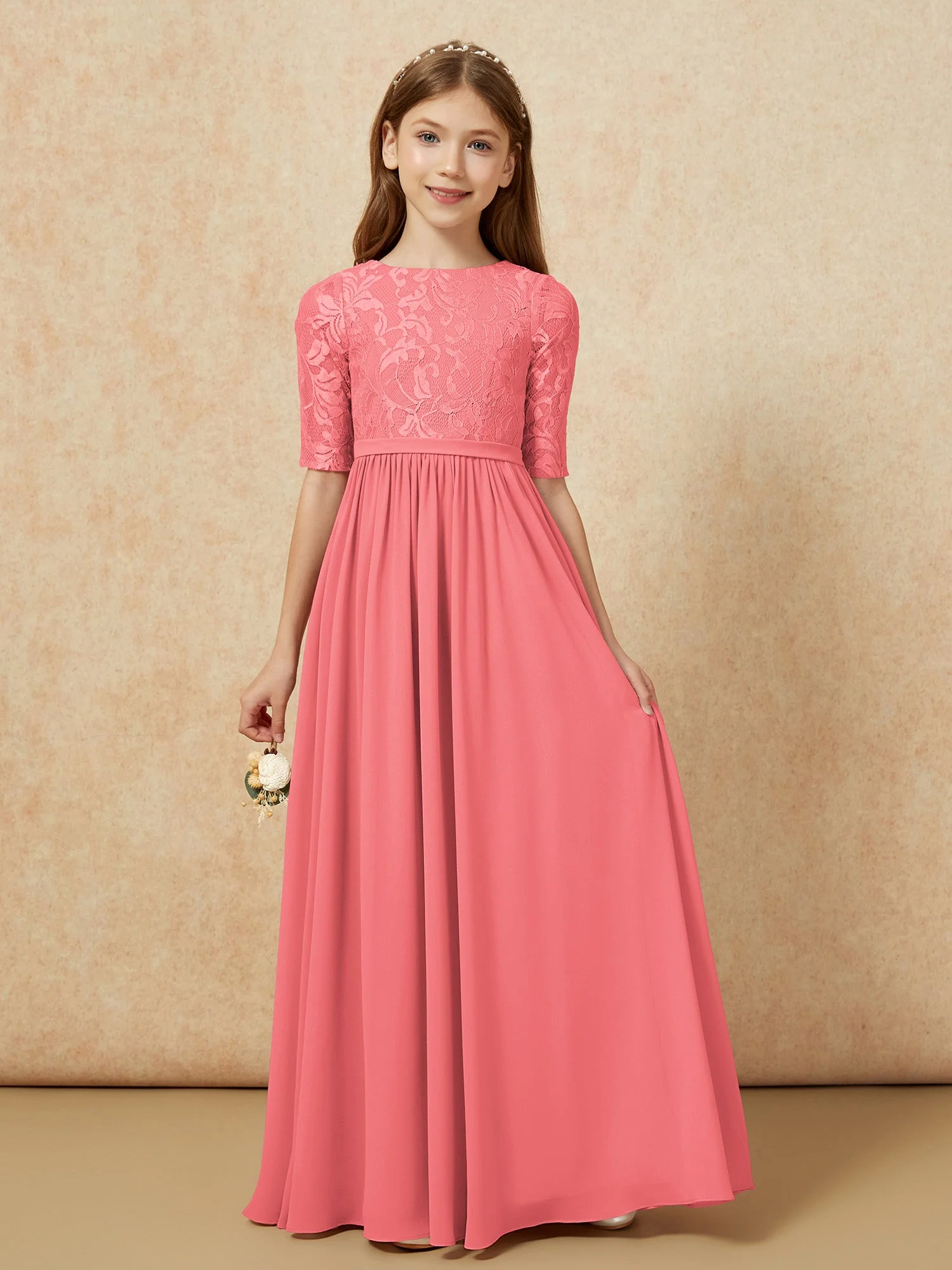 Halbarm Spitzen Oberteil Chiffon Junge Brautjungfernkleider Wassermelone