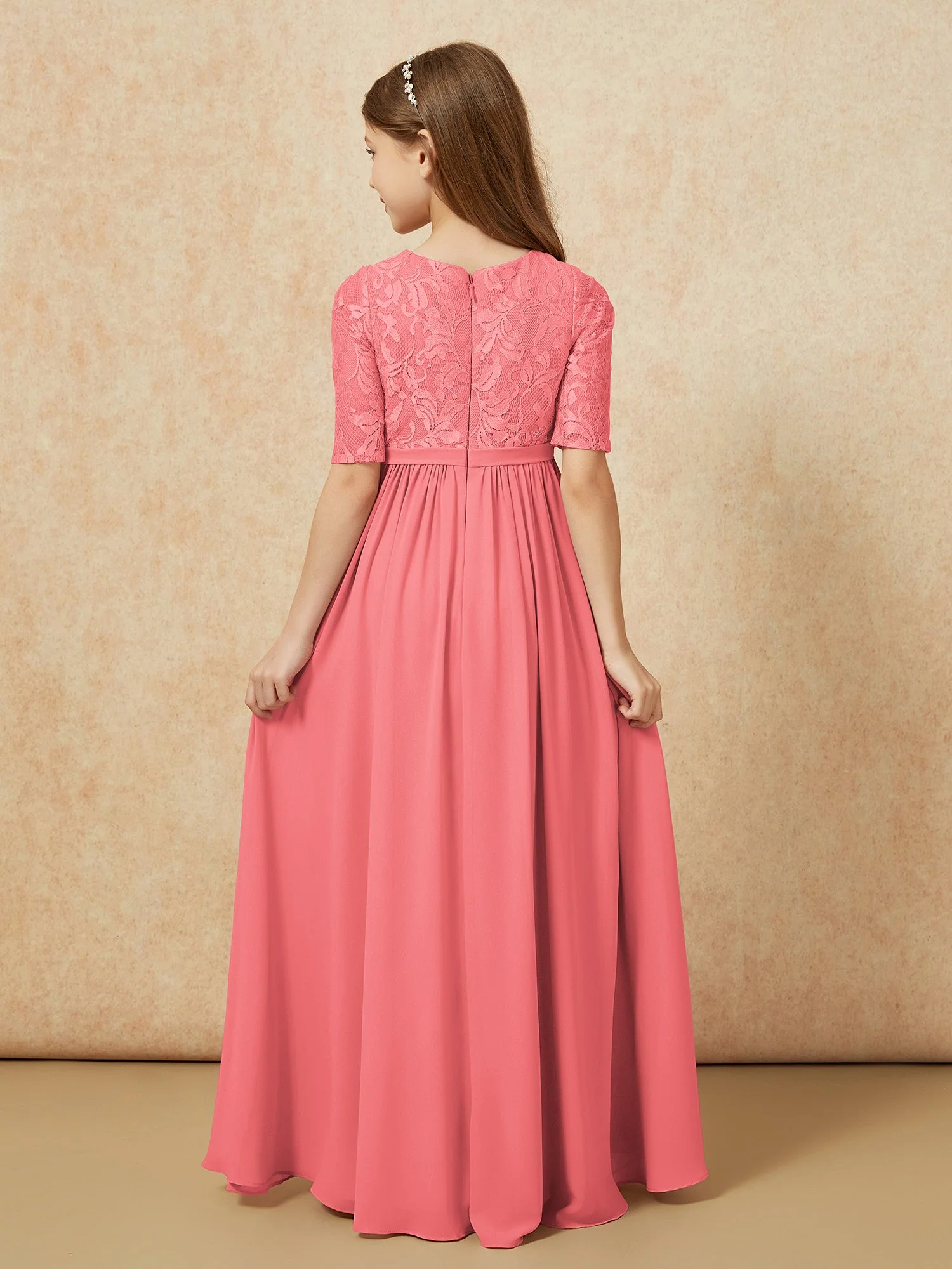 Halbarm Spitzen Oberteil Chiffon Junge Brautjungfernkleider Wassermelone - Image 2