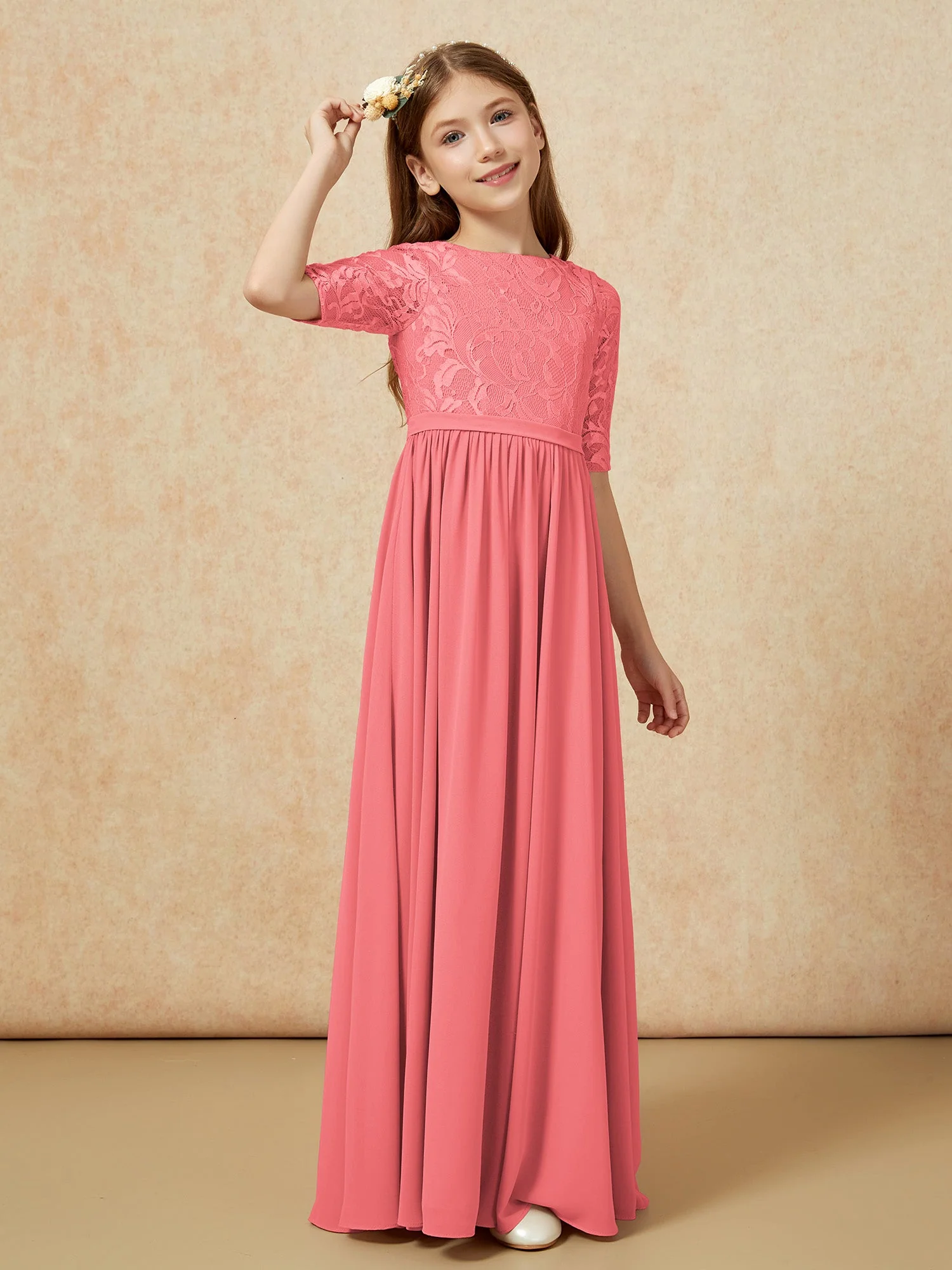 Halbarm Spitzen Oberteil Chiffon Junge Brautjungfernkleider Wassermelone - Image 3