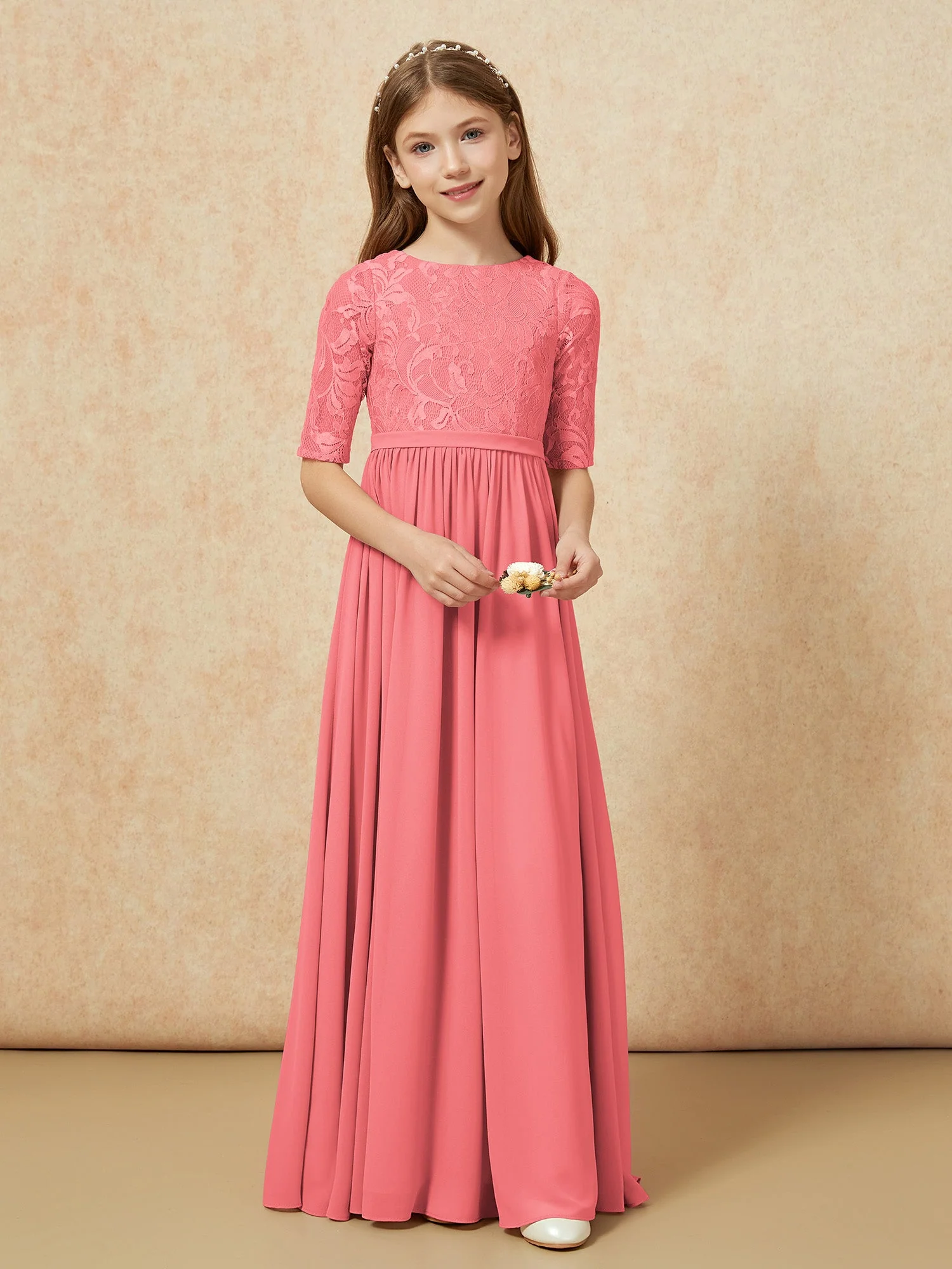 Halbarm Spitzen Oberteil Chiffon Junge Brautjungfernkleider Wassermelone - Image 4