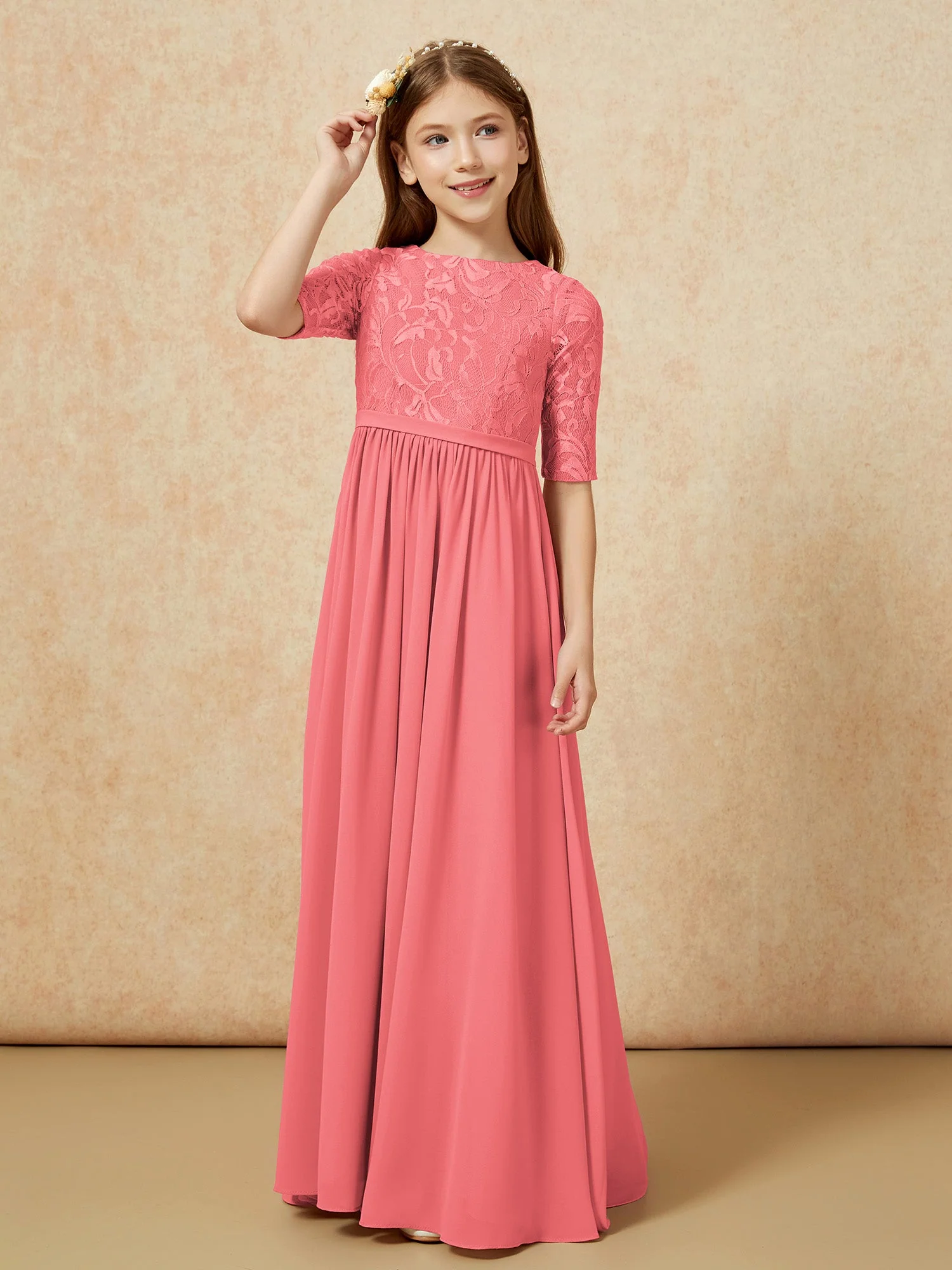 Halbarm Spitzen Oberteil Chiffon Junge Brautjungfernkleider Wassermelone - Image 5