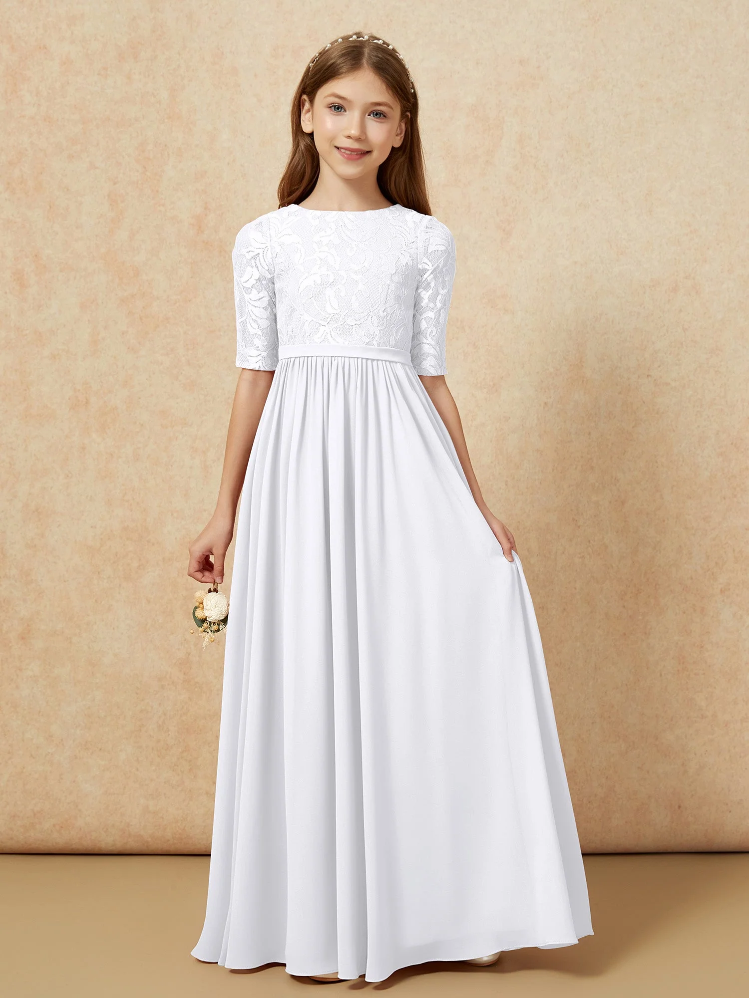 Halbarm Spitzen Oberteil Chiffon Junge Brautjungfernkleider Weiß