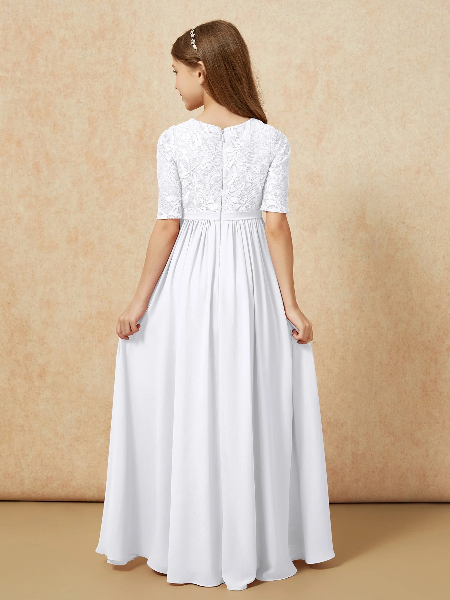 Halbarm Spitzen Oberteil Chiffon Junge Brautjungfernkleider Weiß - Image 2