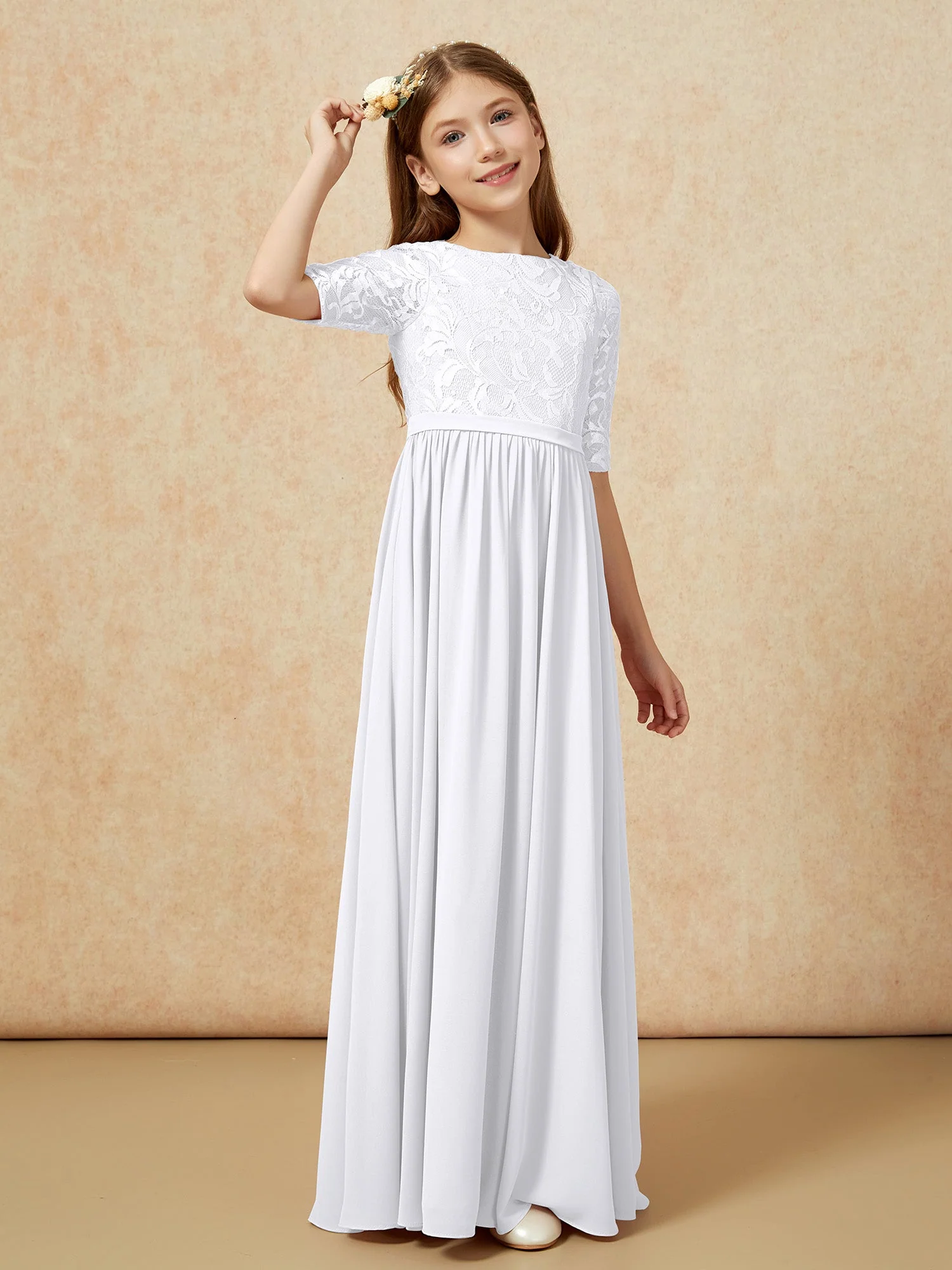 Halbarm Spitzen Oberteil Chiffon Junge Brautjungfernkleider Weiß - Image 3