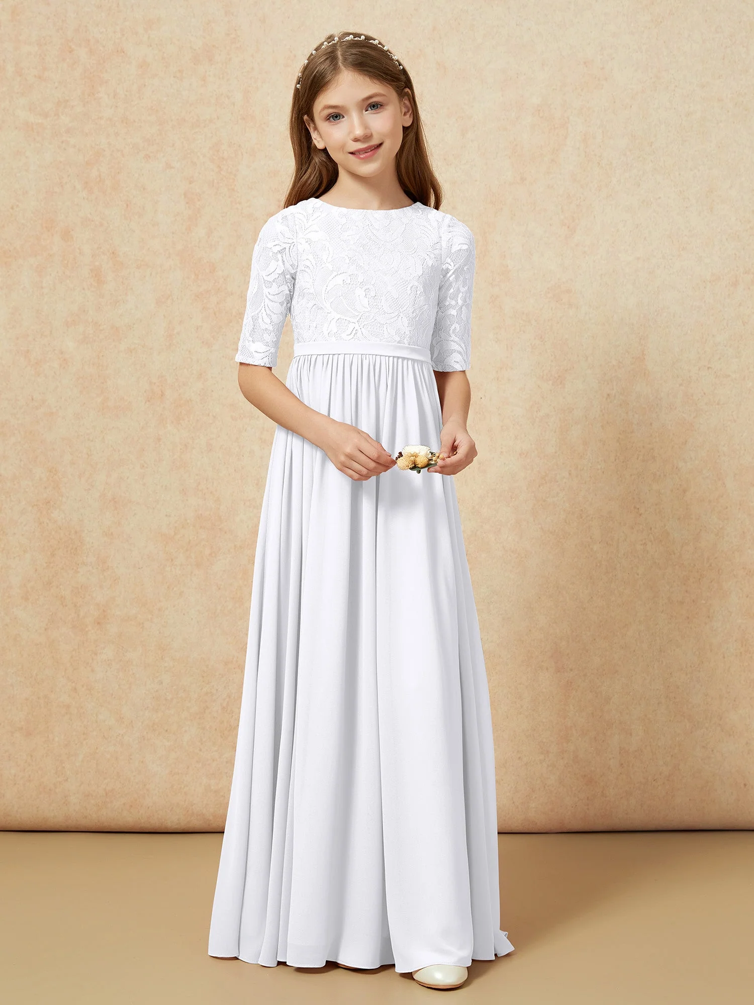 Halbarm Spitzen Oberteil Chiffon Junge Brautjungfernkleider Weiß - Image 4