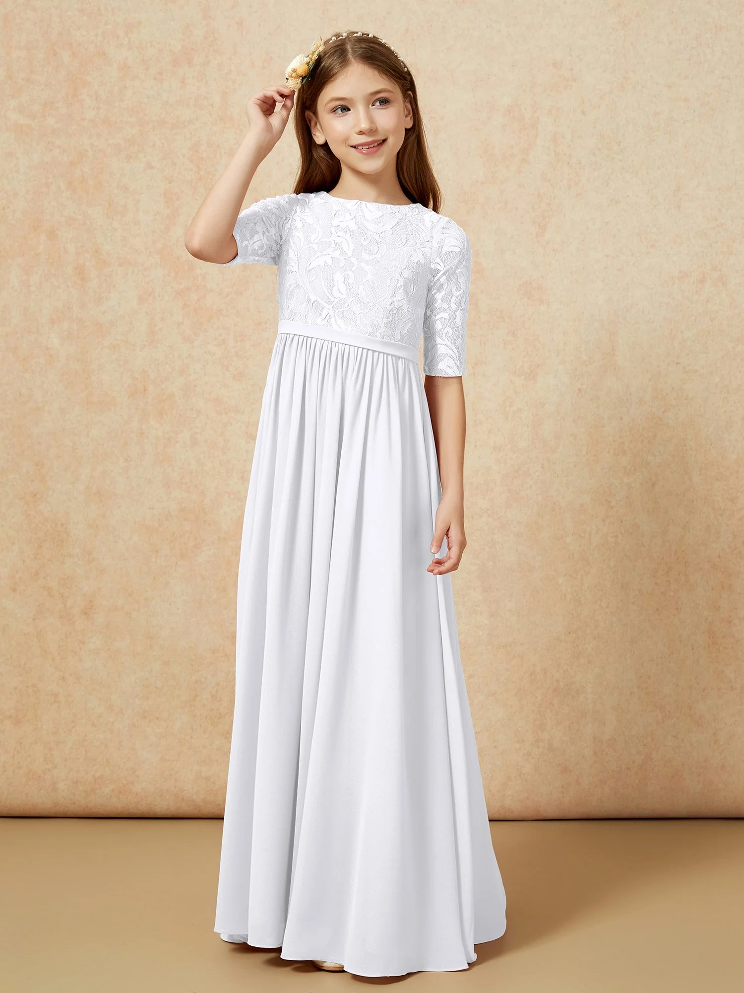 Halbarm Spitzen Oberteil Chiffon Junge Brautjungfernkleider Weiß - Image 5