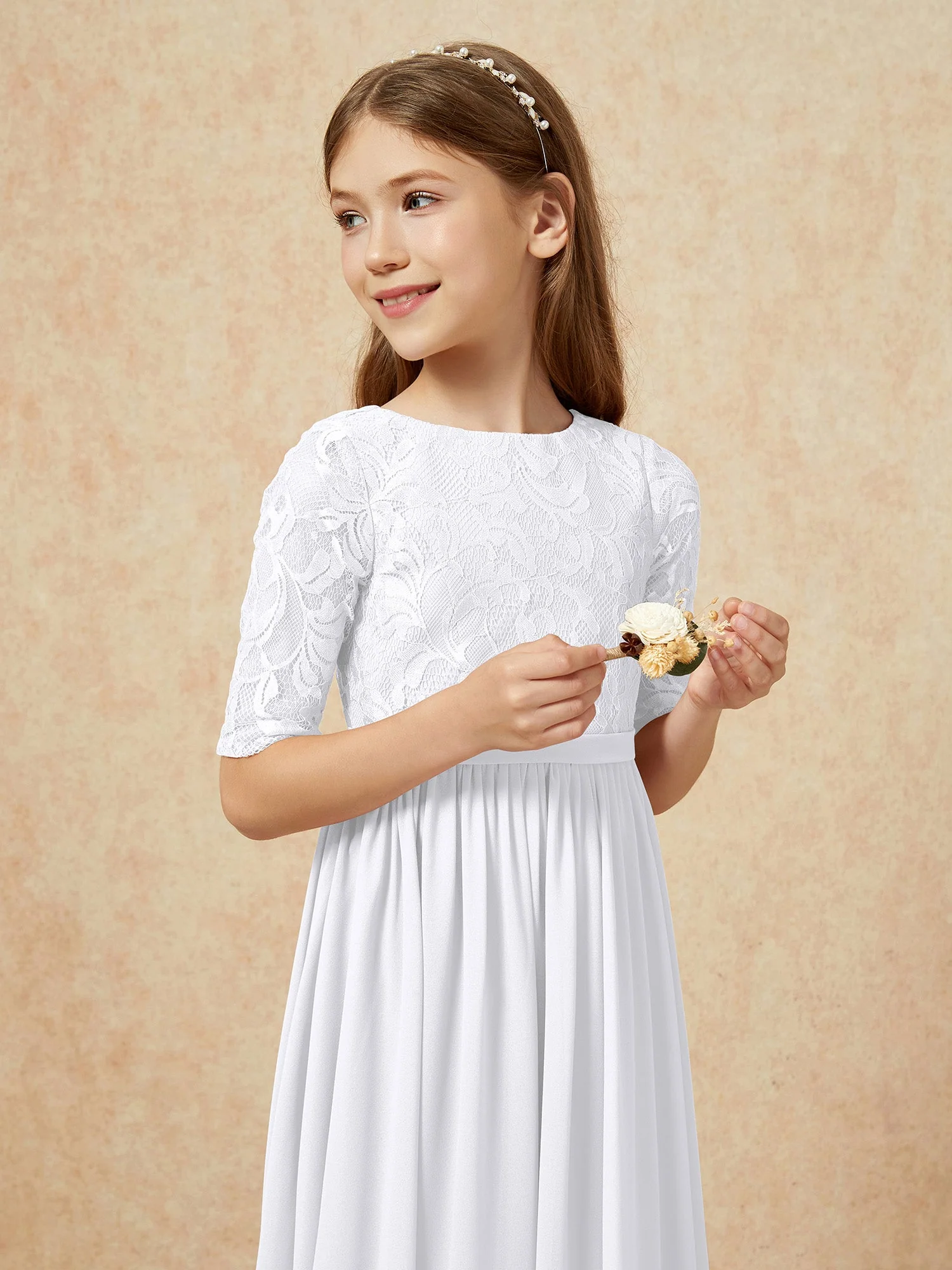Halbarm Spitzen Oberteil Chiffon Junge Brautjungfernkleider Weiß - Image 6