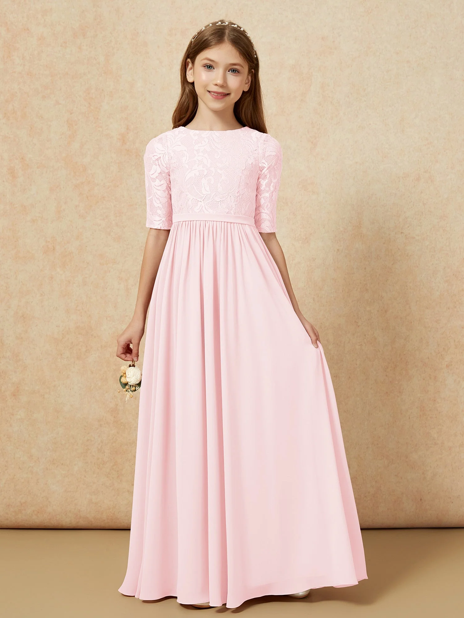 Halbarm Spitzen Oberteil Chiffon Junge Brautjungfernkleider Zartrosa