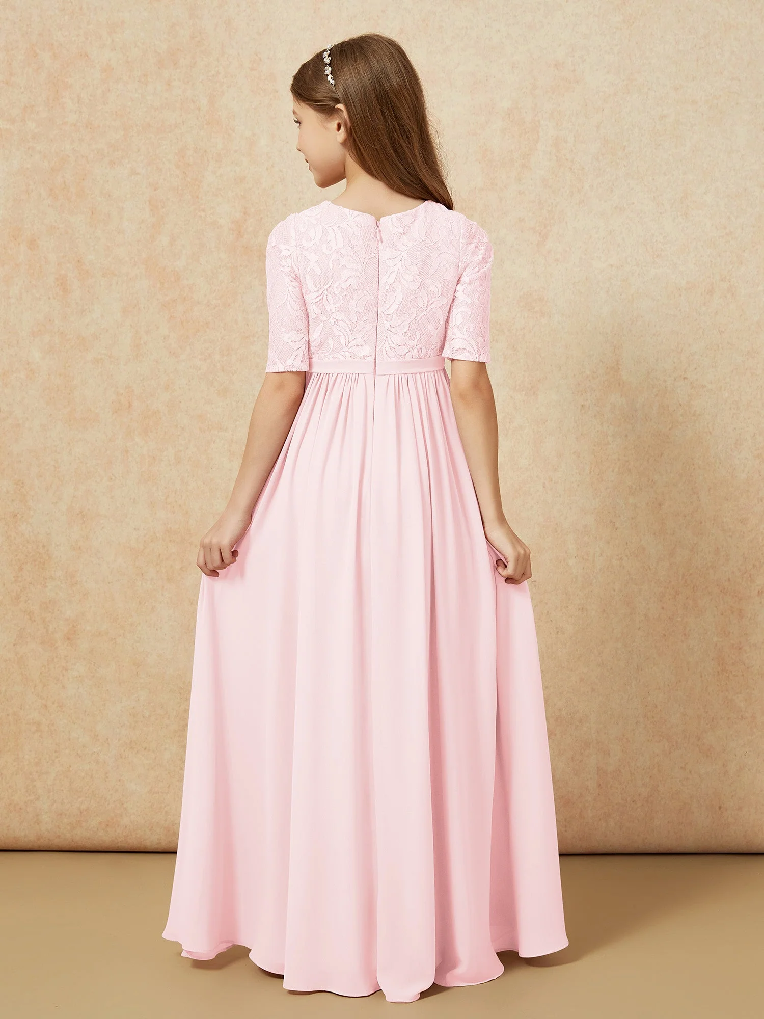 Halbarm Spitzen Oberteil Chiffon Junge Brautjungfernkleider Zartrosa - Image 2