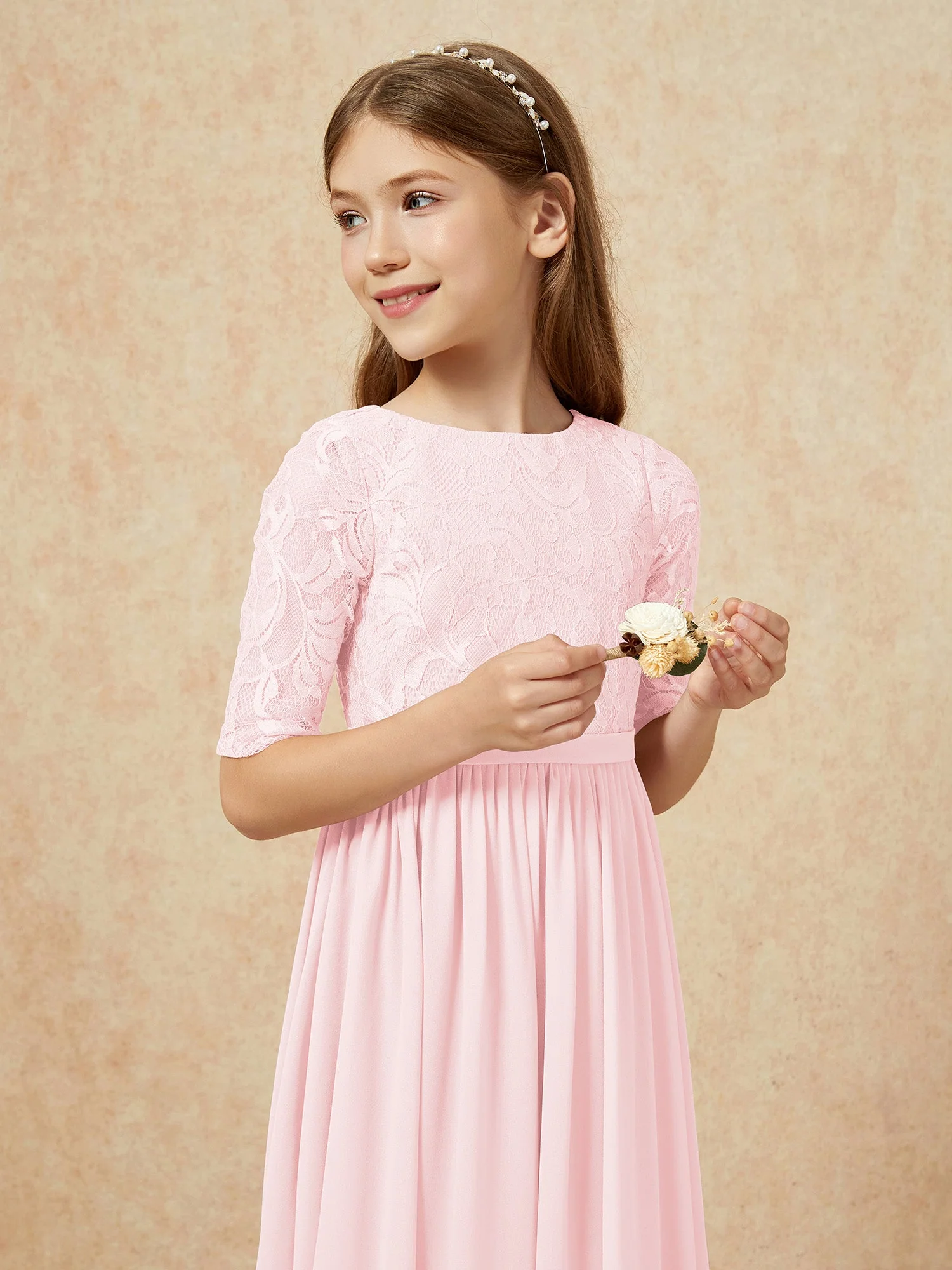 Halbarm Spitzen Oberteil Chiffon Junge Brautjungfernkleider Zartrosa - Image 6