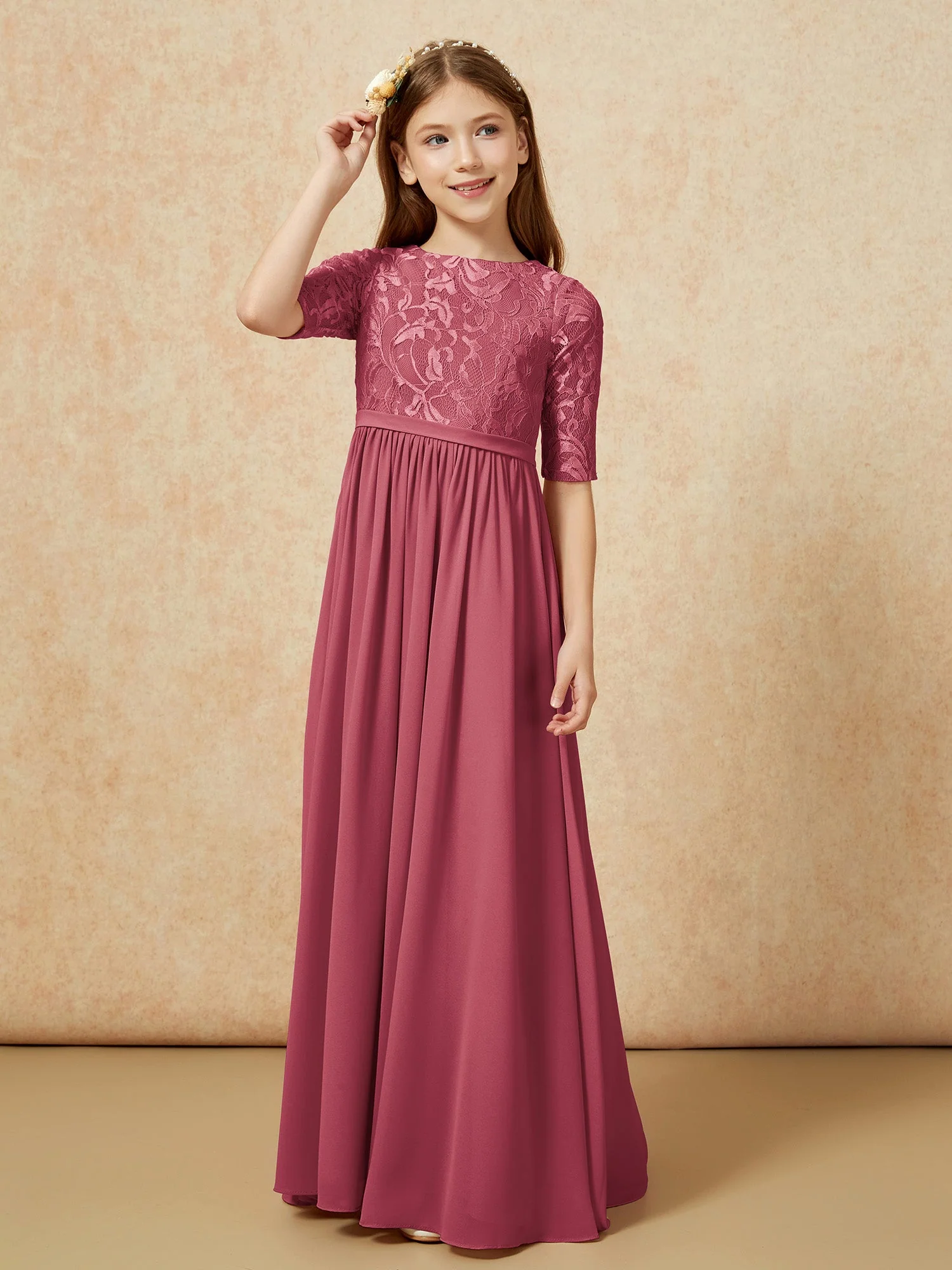 Halbarm Spitzen Oberteil Chiffon Junge Brautjungfernkleider Zimtrose - Image 5