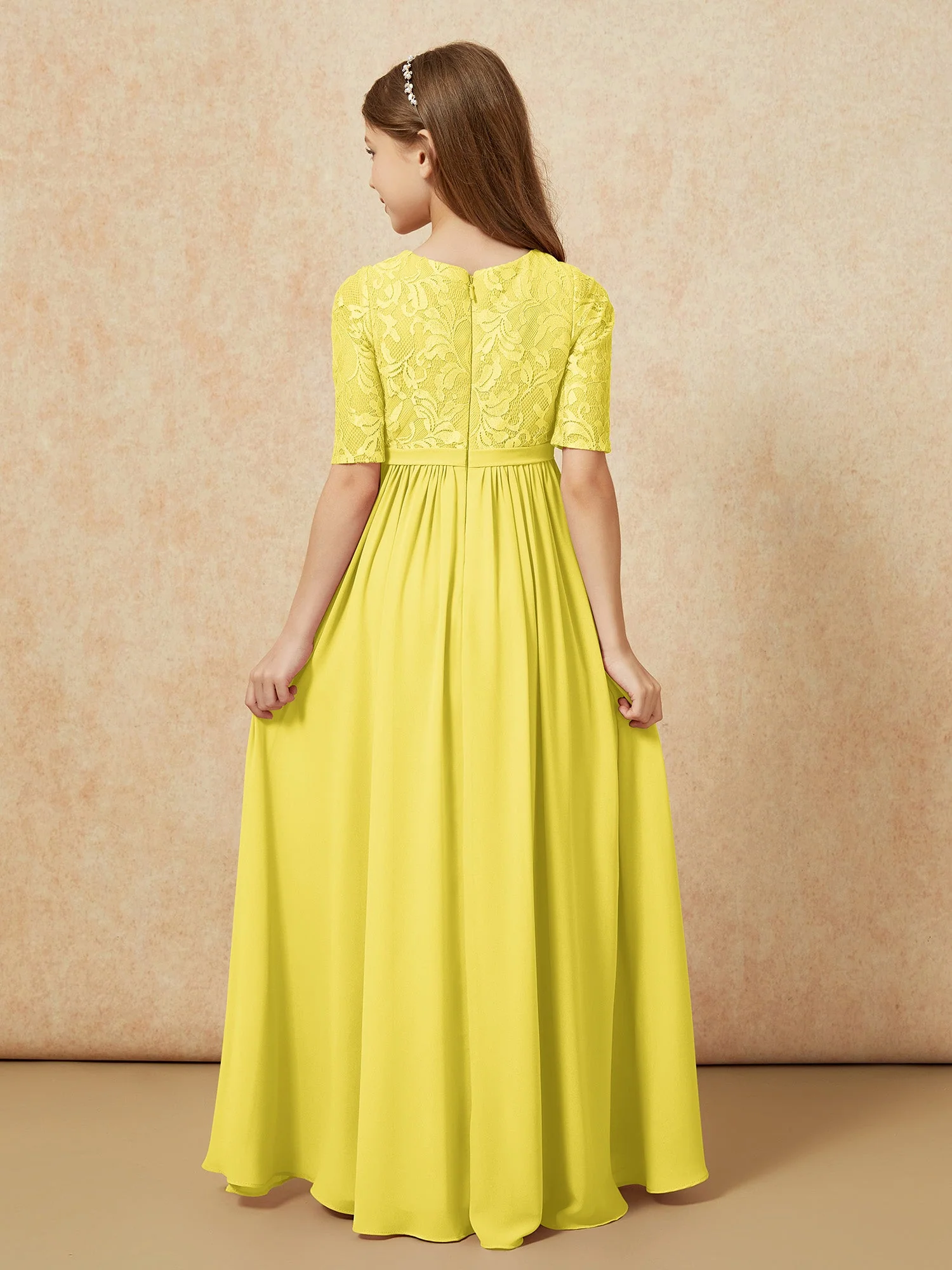 Halbarm Spitzen Oberteil Chiffon Junge Brautjungfernkleider Zitrone - Image 2