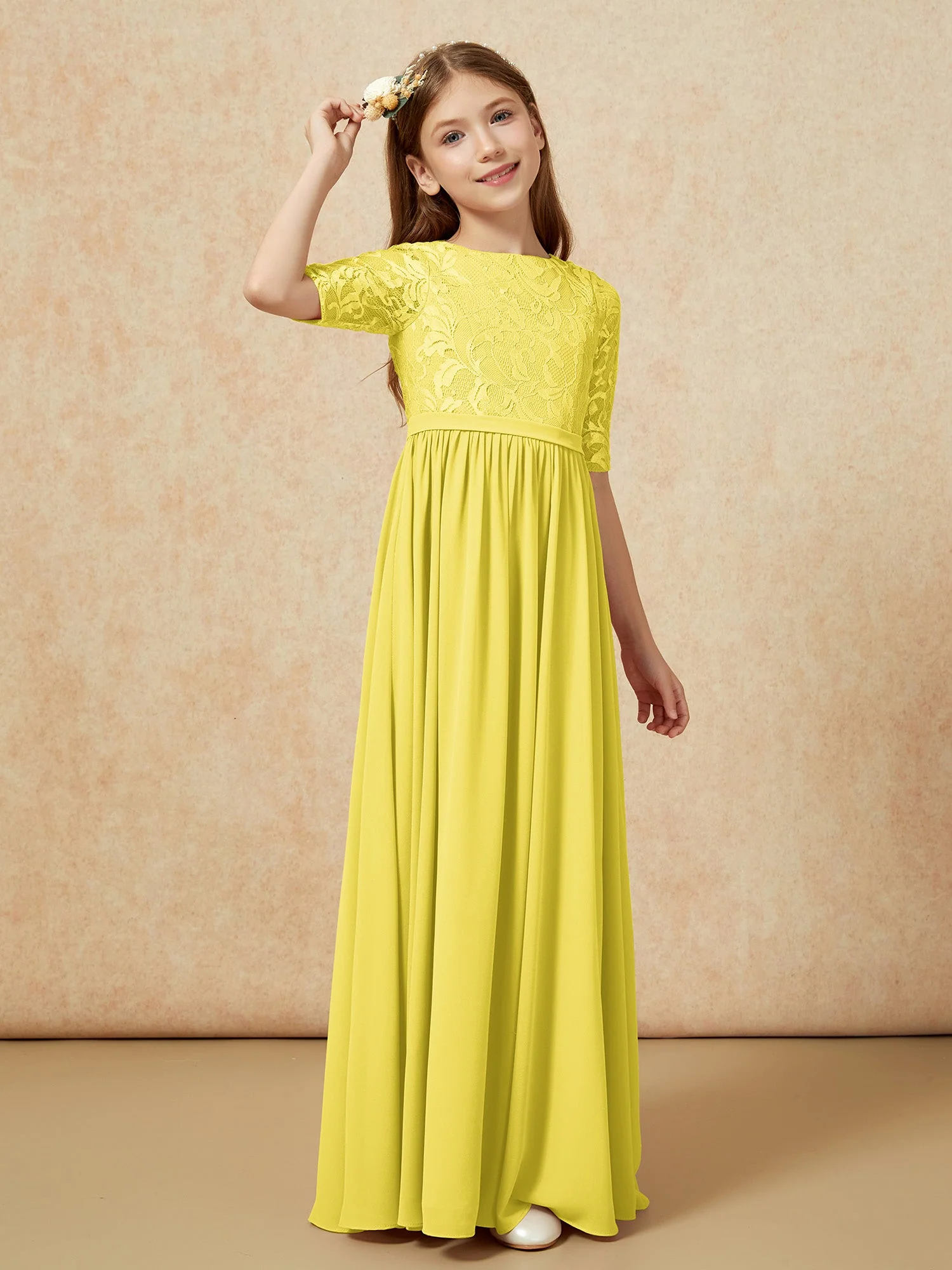 Halbarm Spitzen Oberteil Chiffon Junge Brautjungfernkleider Zitrone - Image 3