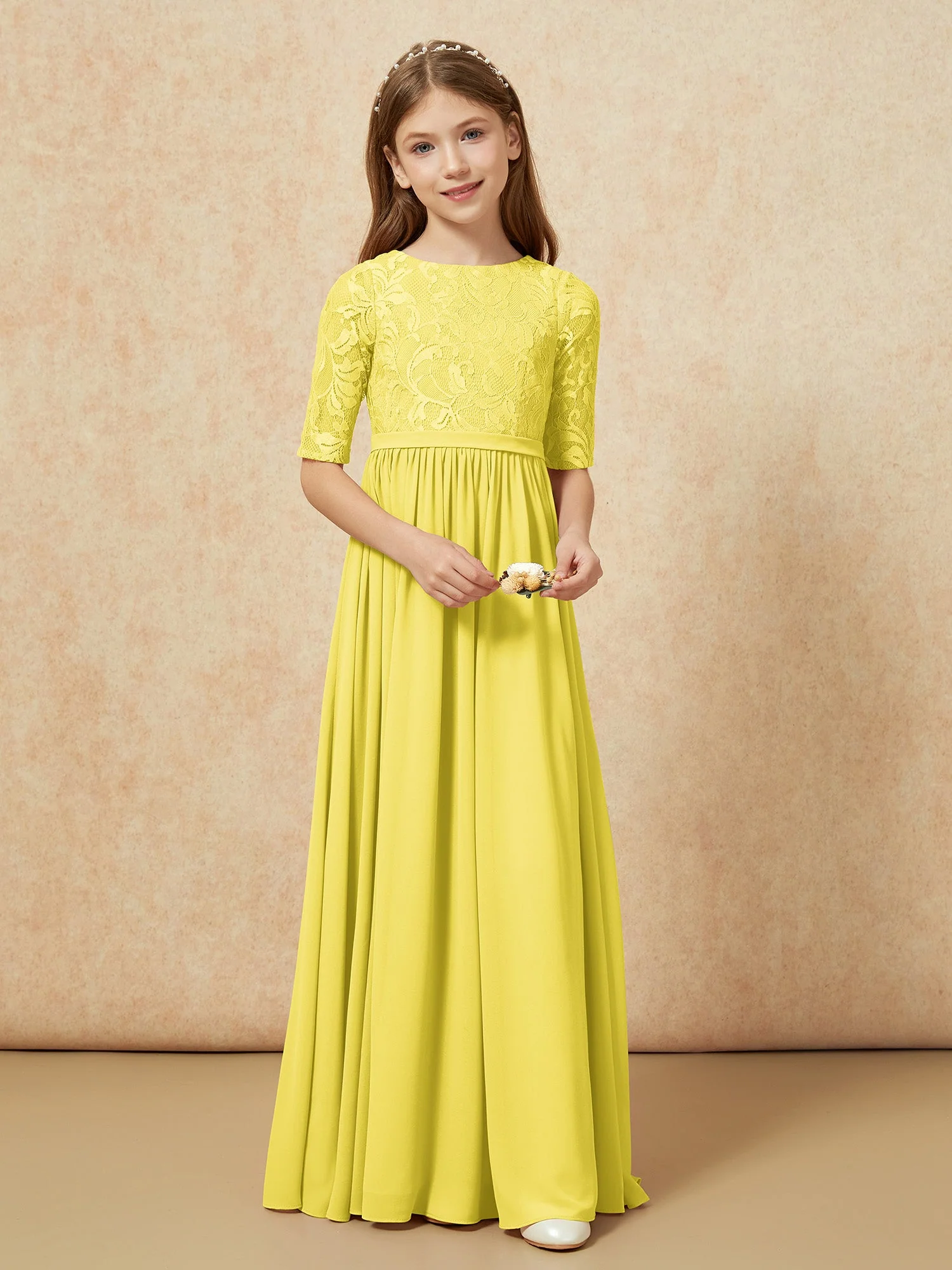 Halbarm Spitzen Oberteil Chiffon Junge Brautjungfernkleider Zitrone - Image 4